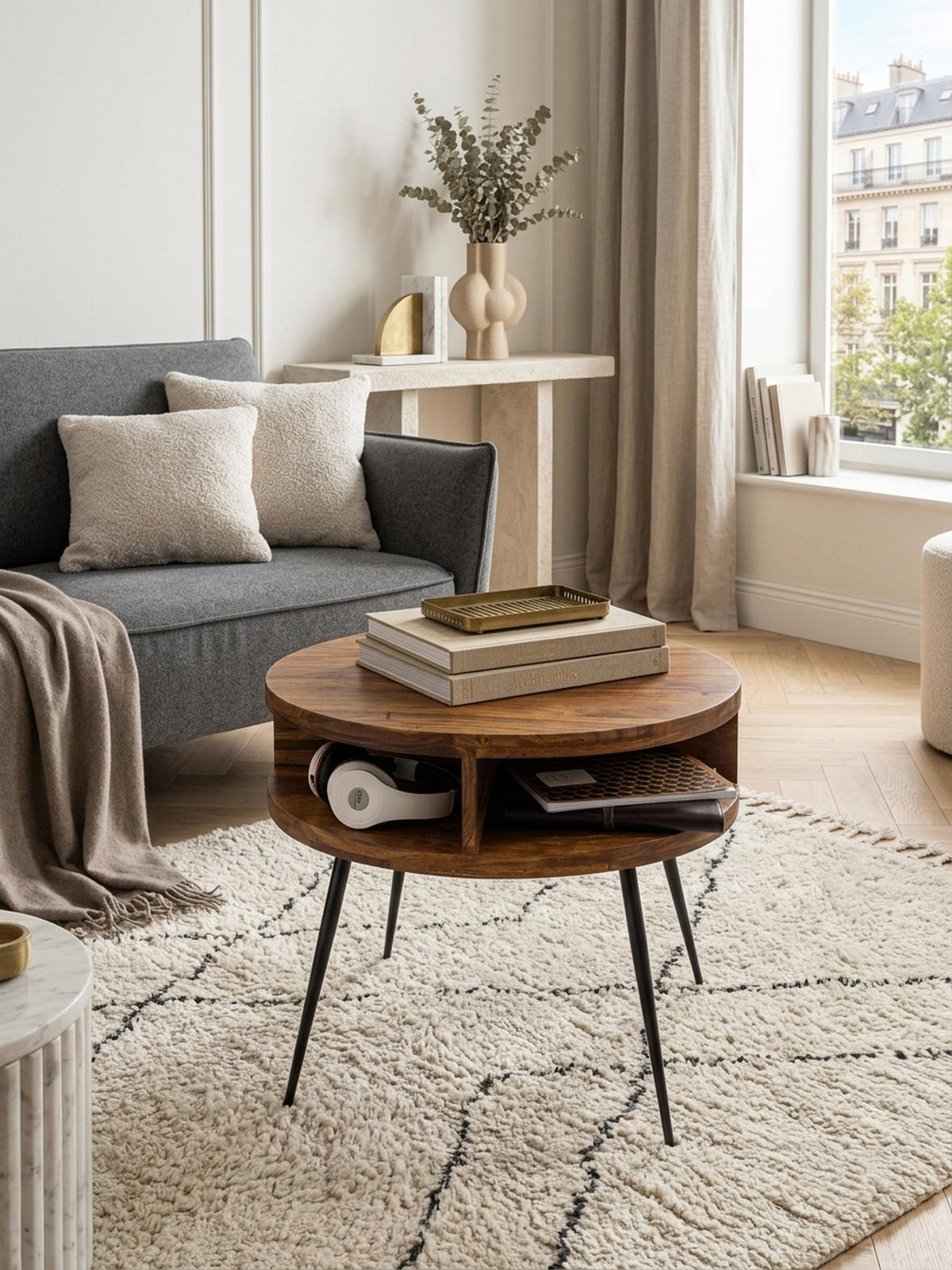 COUCHTISCH aus Sheesham Massivholz, Rund mit 4 Ablagefächern, Gestell aus Schwarzem Metall - Schwarz/Braun, Holz/Metall (60/60/45cm) - KADIMA DESIGN