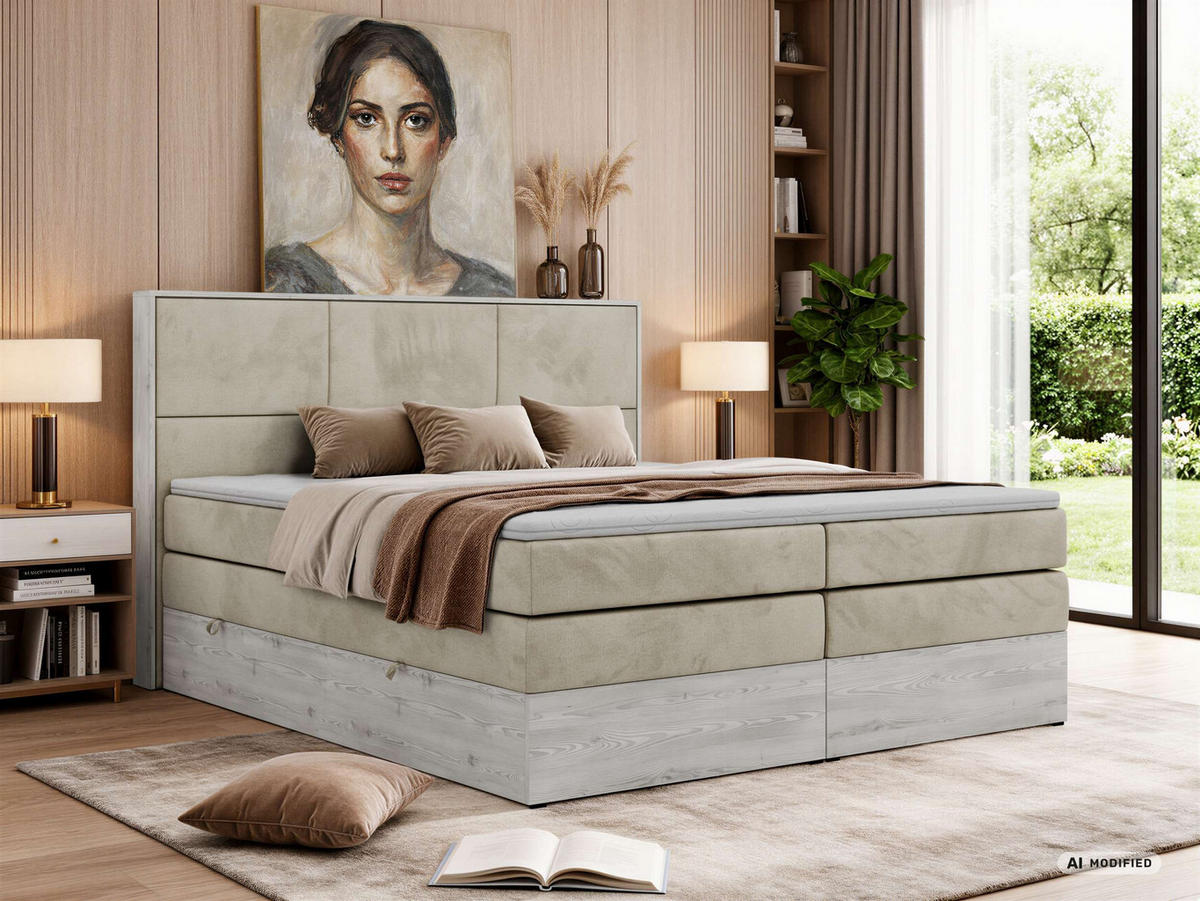 POSTEL BOXSPRING DELNOR KING 180/200 - Béžová Samet - Topper Visco - H3 - černá/béžová, textil/plast (180/200cm) - MKS