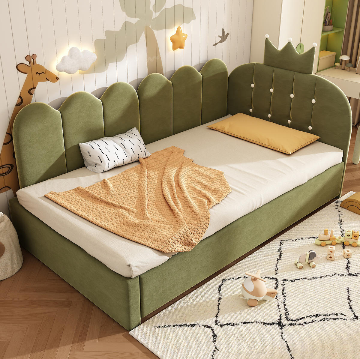 KINDERBETT Polsterbett 90/200 cm aus Samt mit ausziehbarem Gästebett Grün - Grün, Textil (90/200cm) - Modenvie