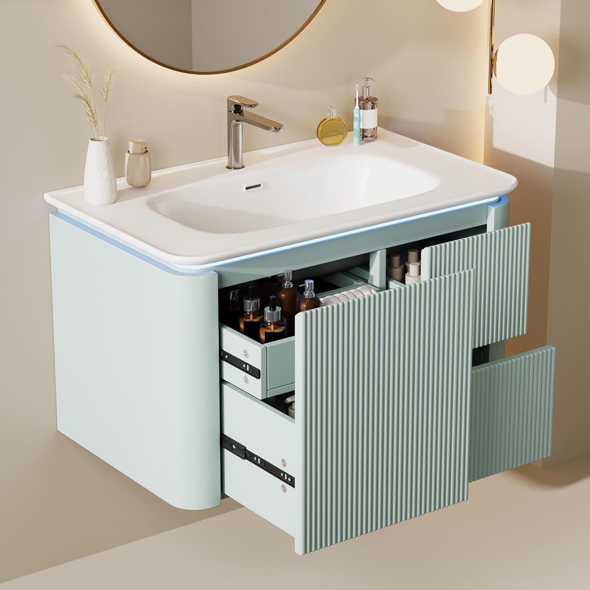 BADMÖBEL Set 80 cm Blau, Waschtisch mit Unterschrank und Keramikbecken - Blau, Holz/Keramik (47/51/80cm) - PARAFTA HOME