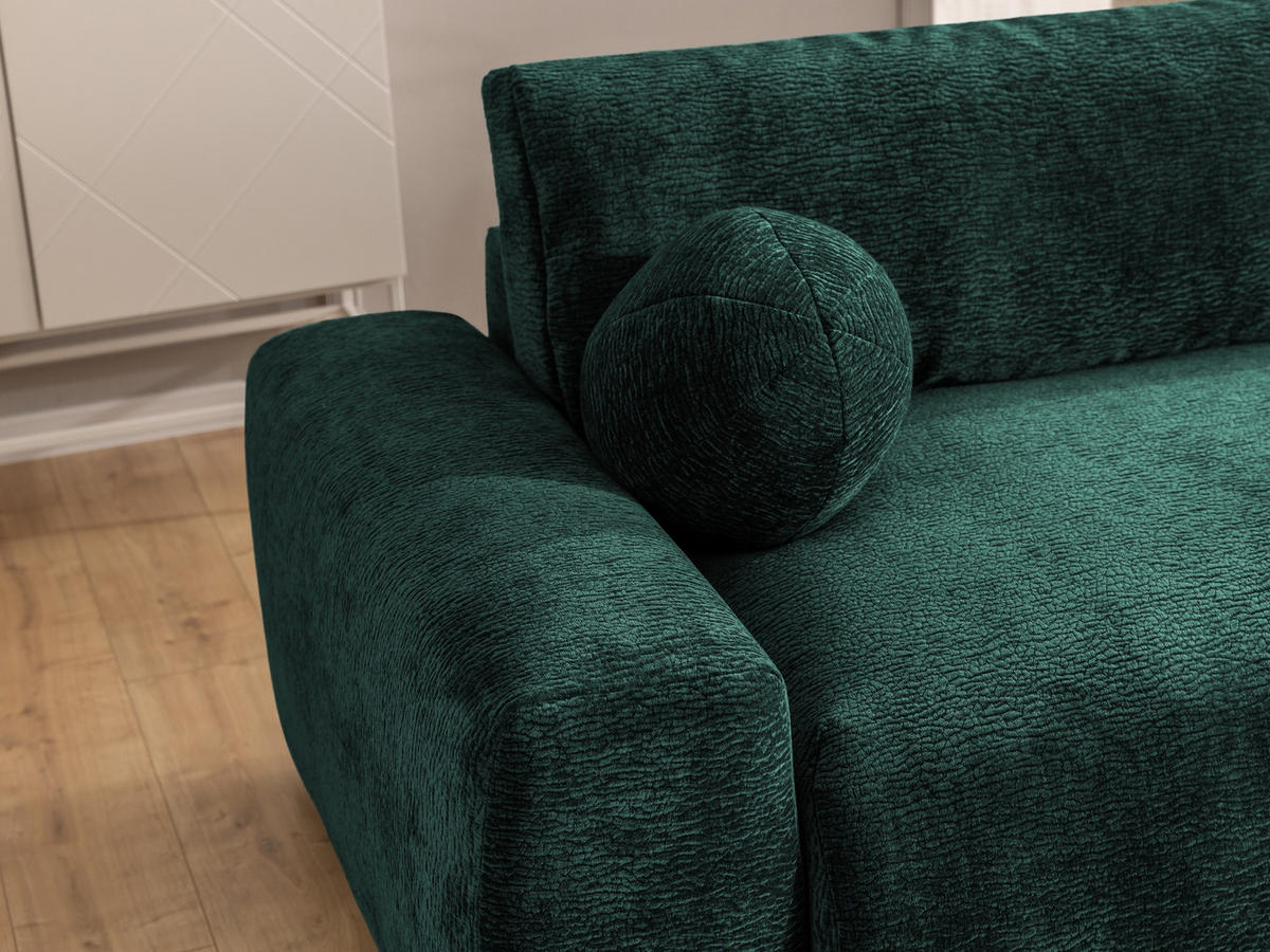 ECKSOFA Puffy mit Schlaffunktion und Bettkasten - besonders weich und puffig aus Grün Stoff mit Chenillestruktur - Ottomane rechts - Schwarz/Grün, Holz/Kunststoff (266/138cm) - S-Style Möbel