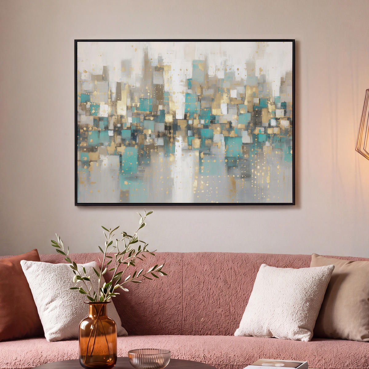 LEINWAND Bilder mit Rahmen - Abstrakt - Blöcke - Gold - Skyline - 100x70 - Beige, Textil (100/70cm) - MuchoWow