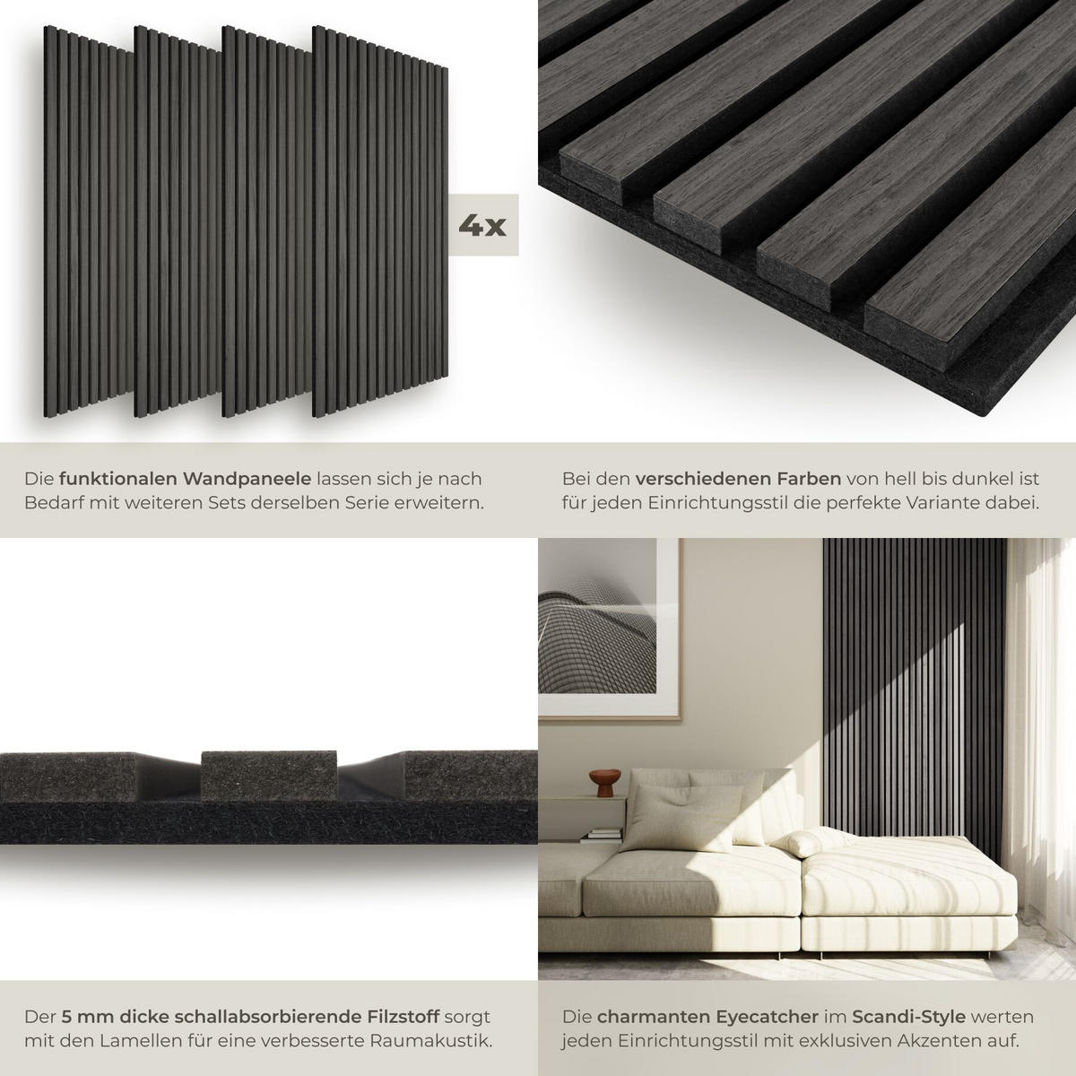 AKUSTIKPANEELE 4er Set Sonic Wall Iii, je 120 x 60 x 1,1 cm, Größe flexibel anpassbar, Eiche schwarz - Schwarz, Holz (60/1.1/120cm) - tectake