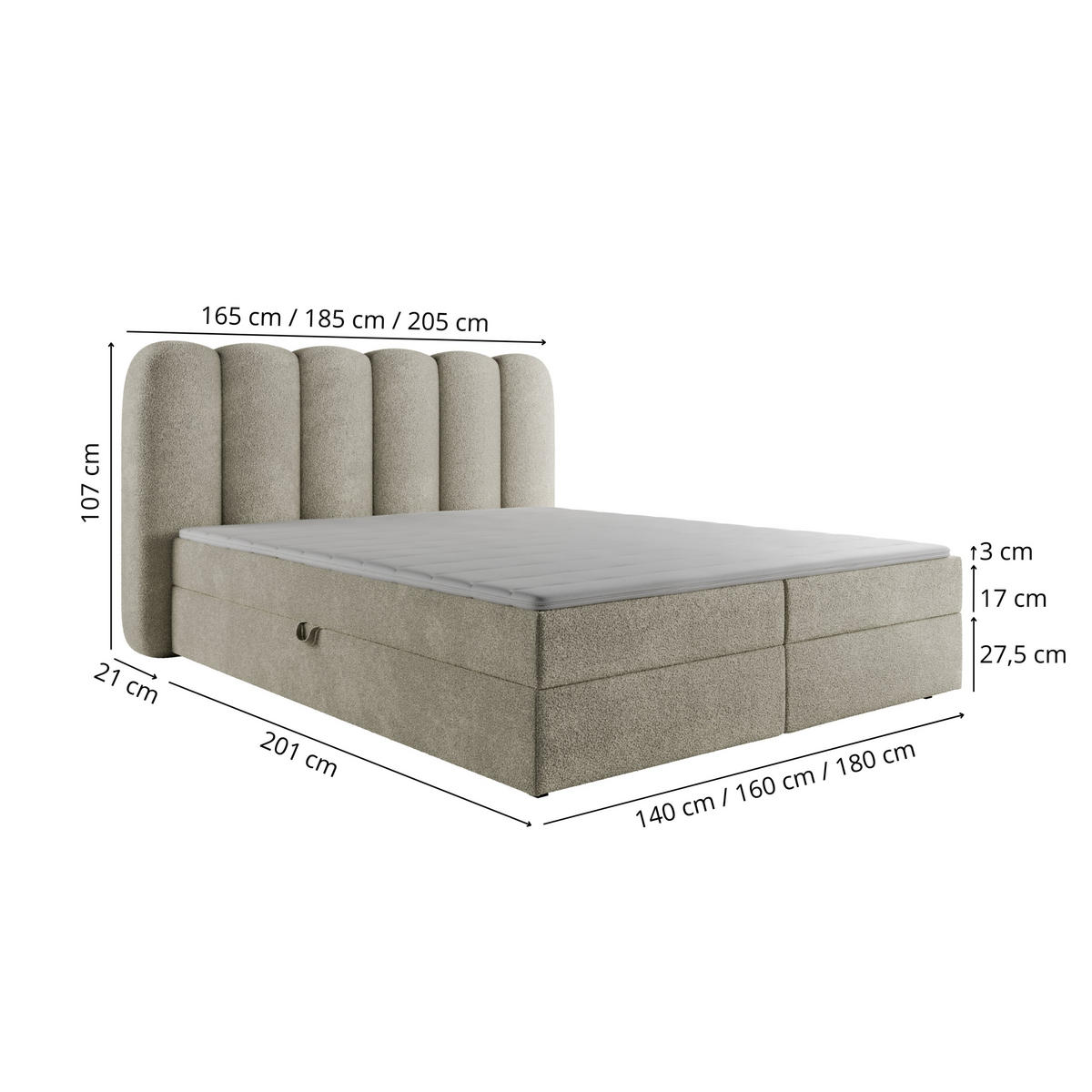 BOXSPRINGBETT SOFTI 160x200 cm, Cremeweiß Bouclé, inkl. Bettkasten & Topper - Creme, Textil (160/200cm) - Excellent Home