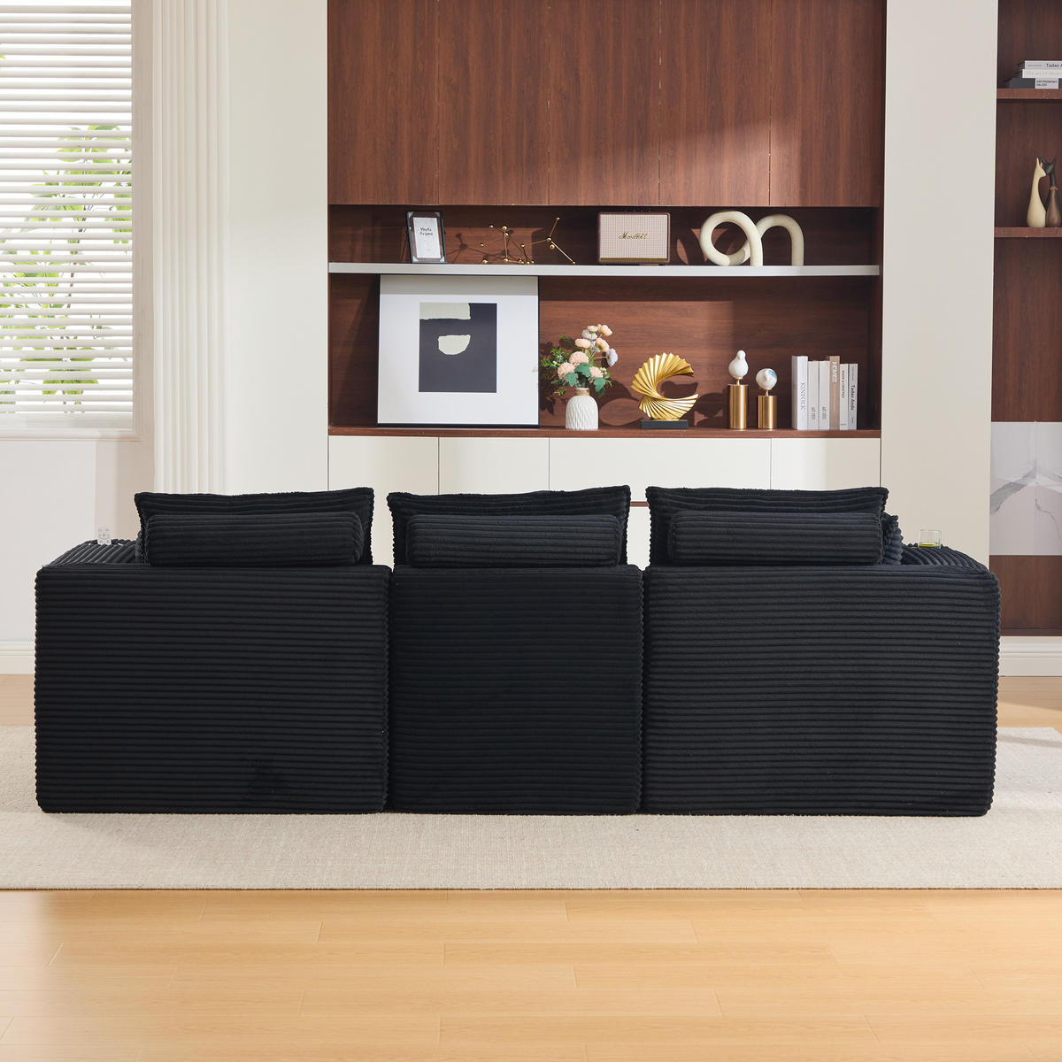 ECKSOFA 256/161/75 cm schwarz aus Cord mit Kissen und Seitentaschen - Schwarz, Textil (161/256cm) - OKWISH