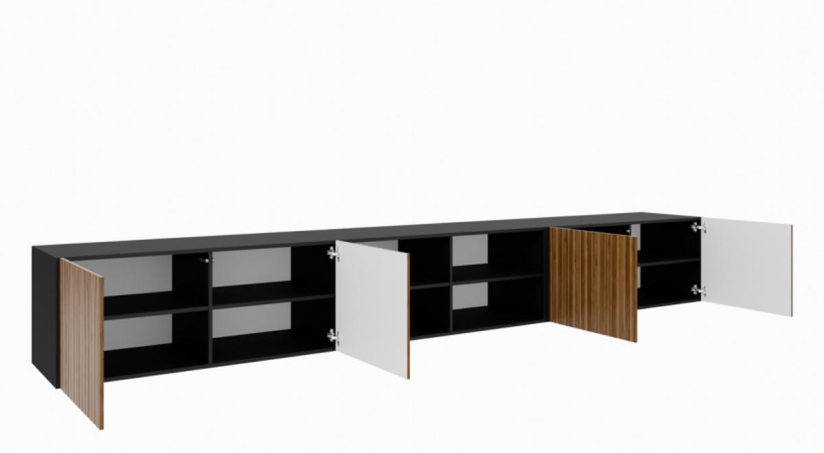 TV-SCHRANK Schwarz Catania Eiche Rillenoptik Offen Mit Regalen 300 cm - Braun, Holzwerkstoff (300/41/40cm) - Sepro Meble