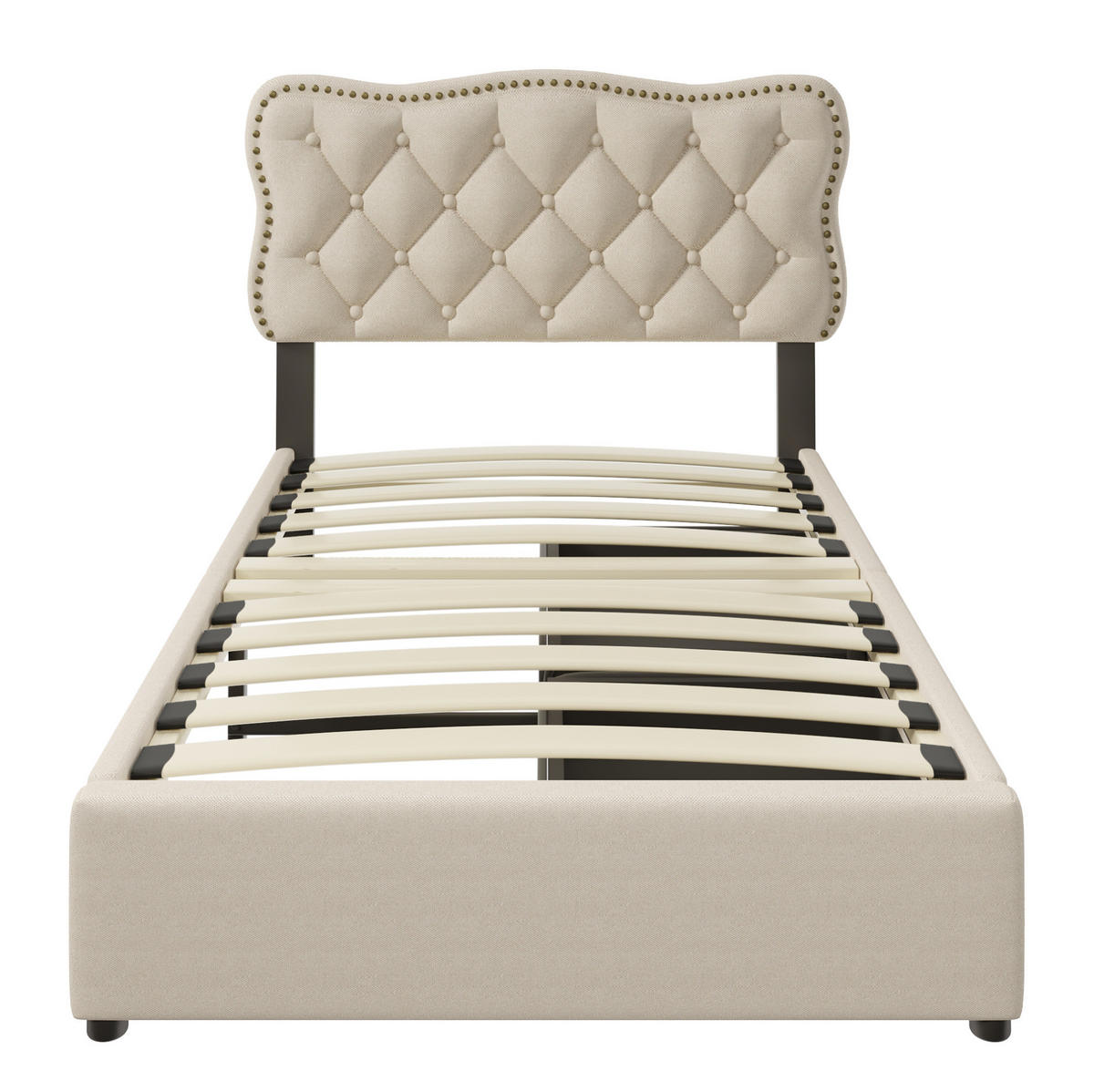 POLSTERBETT 90/200 cm Dunkelbeige aus MDF und Leinenstoff mit 2 Schubladen - Beige, Textil (90/200cm) - OKMYHOME