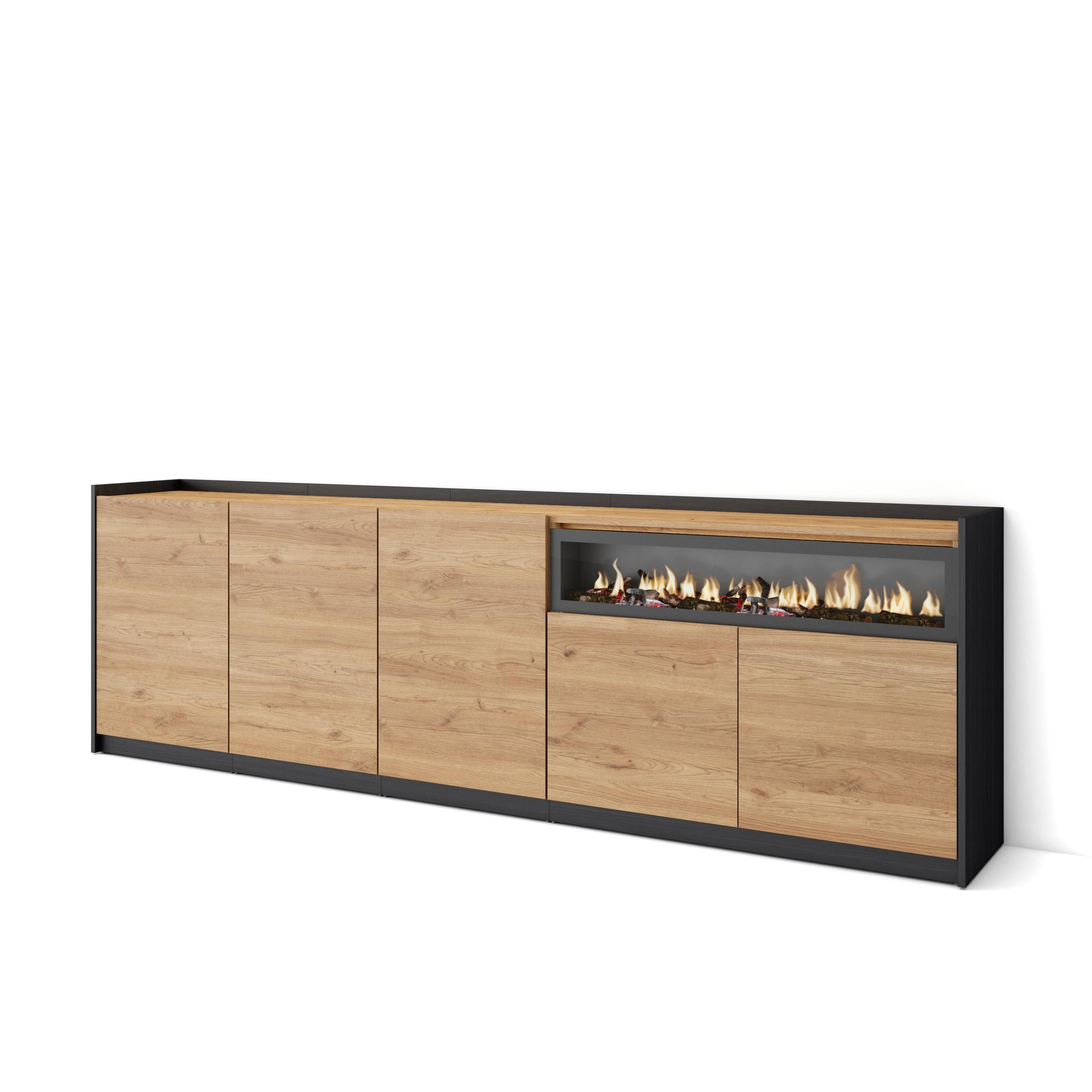 SIDEBOARD, Highboard, Eiche Schwarz, Elektrokamin, 260/37/80cm - Eichefarben, Holzwerkstoff (260/80/37cm) - Skraut Home