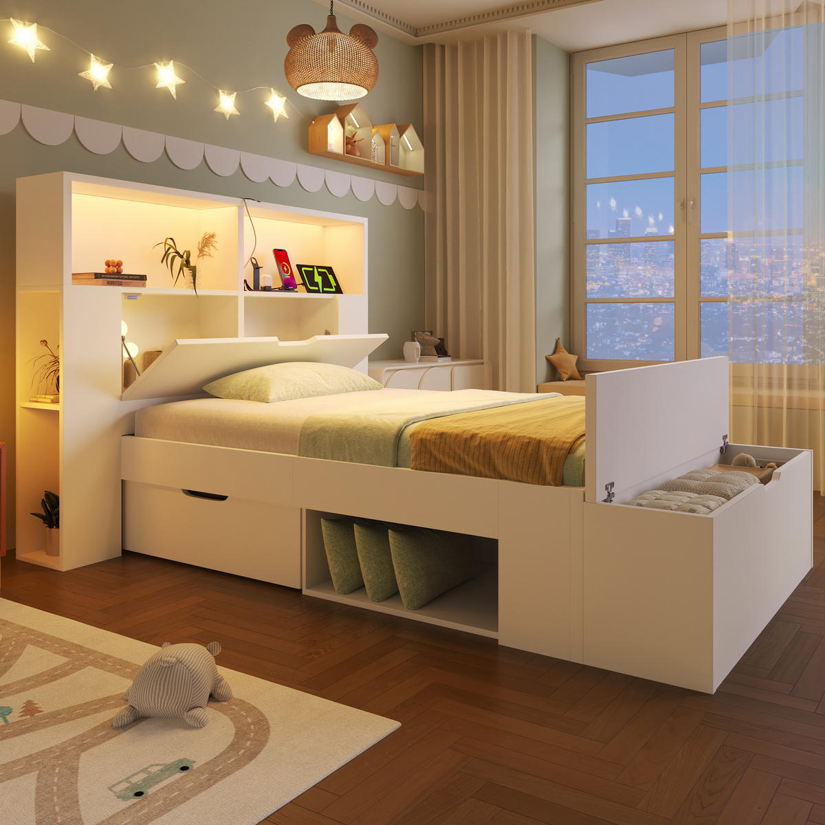 BETT 90x200 cm in Weiß mit LED & USB-C-Ladeanschlüssen - Weiß, Holzwerkstoff (90/200cm) - Modfu