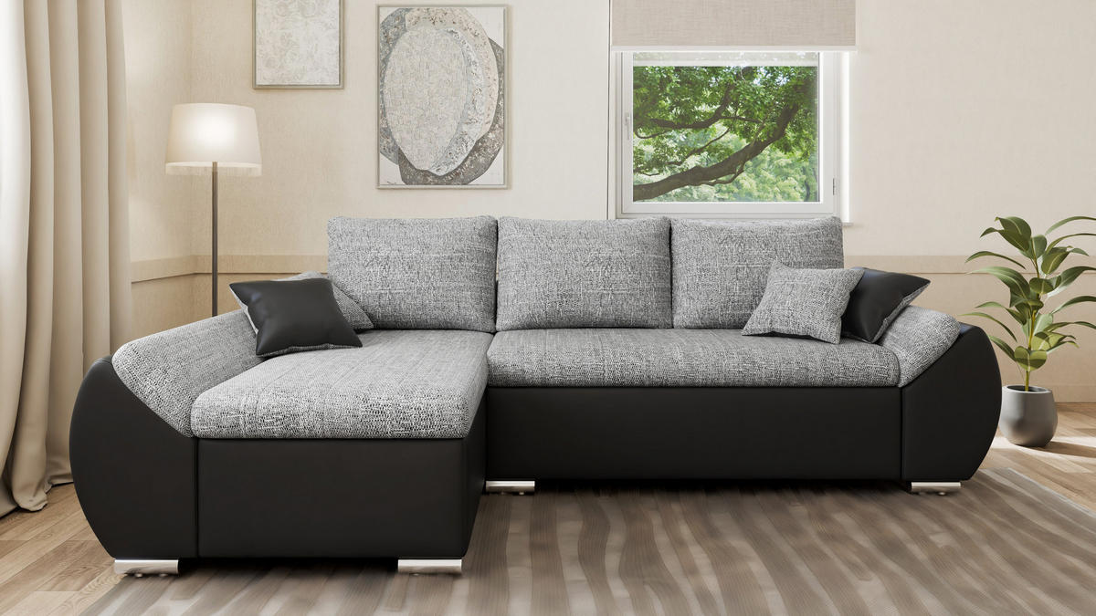 ECKSOFA - ALEX – Grau + Schwarz (Lawa 05 + Soft 11) - Links - Grau, Holzwerkstoff/Metall (275/155cm) - Möblo