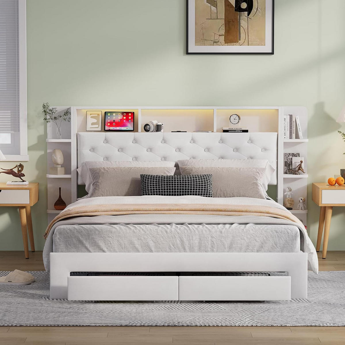 POLSTERBETT 160x200 cm mit LED, USB, 2 Schubladen, Samt, Weiß - Weiß, Holz (160/200cm)