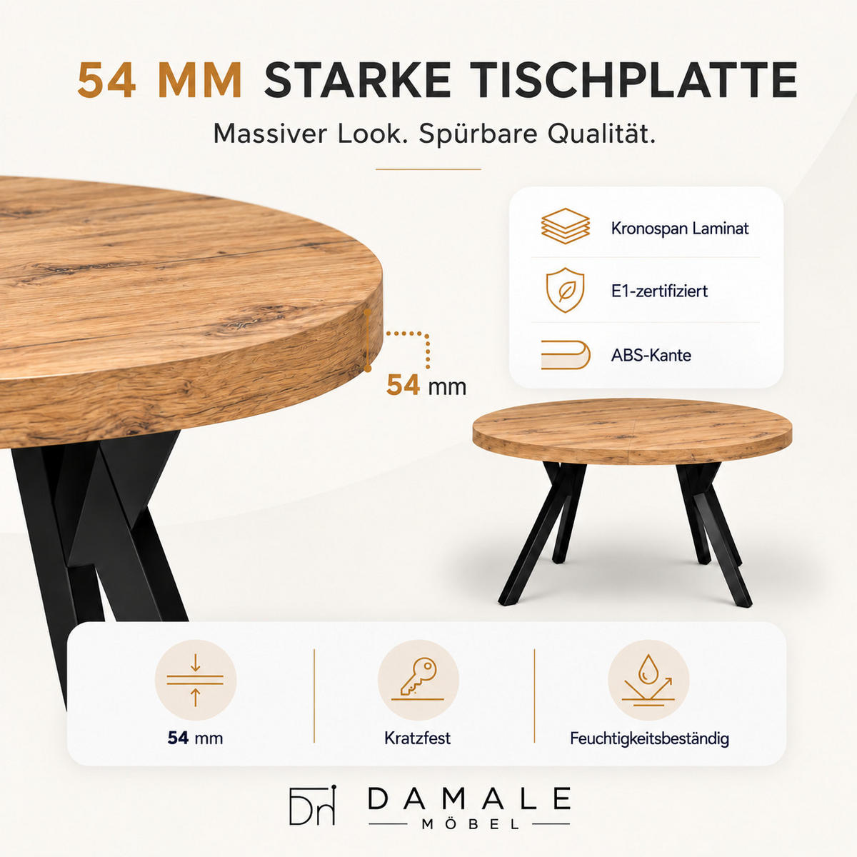 ESSTISCH rund ausziehbar 90/190/76 cm, Eiche Craft, 54 cm Tischplatte + Y Metallgestell Schwarz - Eichefarben/Schwarz, Holzwerkstoff/Metall (90/190/76cm) - Damale Möbel