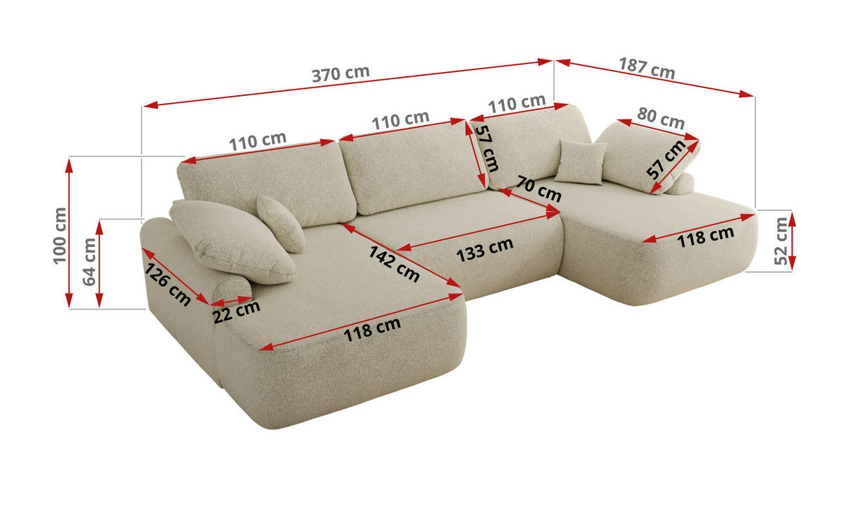 WOHNLANDSCHAFT CUBO U Creme Struktur - Creme/Schwarz, Kunststoff/Textil (370/100/187cm) - MKS