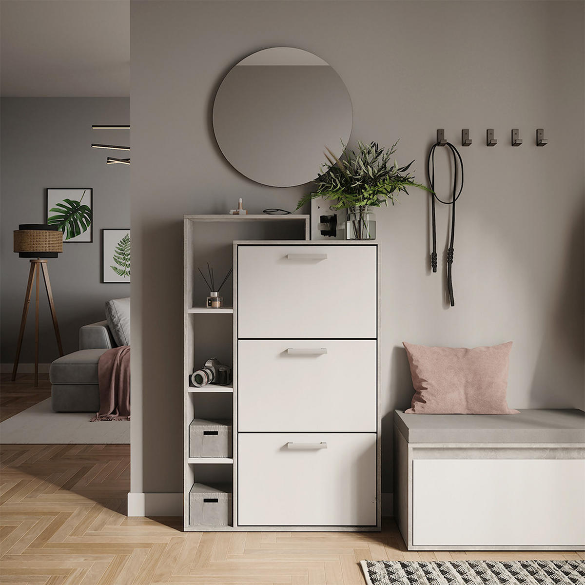 SCHUHKIPPER Orlando Weiß/Beton 80 x 128.3 cm mit 3 Klappfächern - Weiß/Grau, Holzwerkstoff (80/128.3/18.2cm) - Vicco