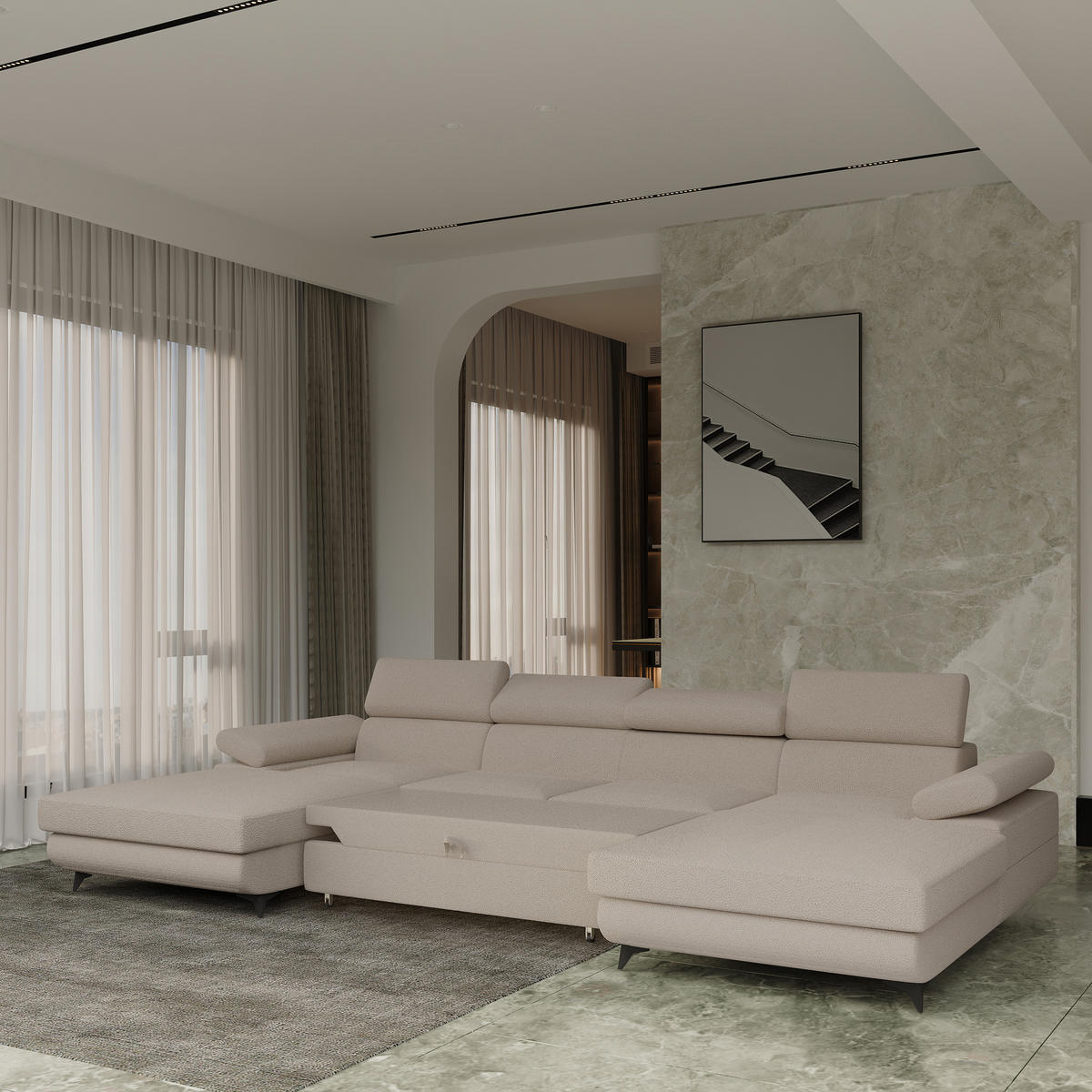 WOHNLANDSCHAFT DETTI Beige Boucle-Stoff mit Schlaffunktion - Beige, Holz (339/89/190cm) - MASSENO