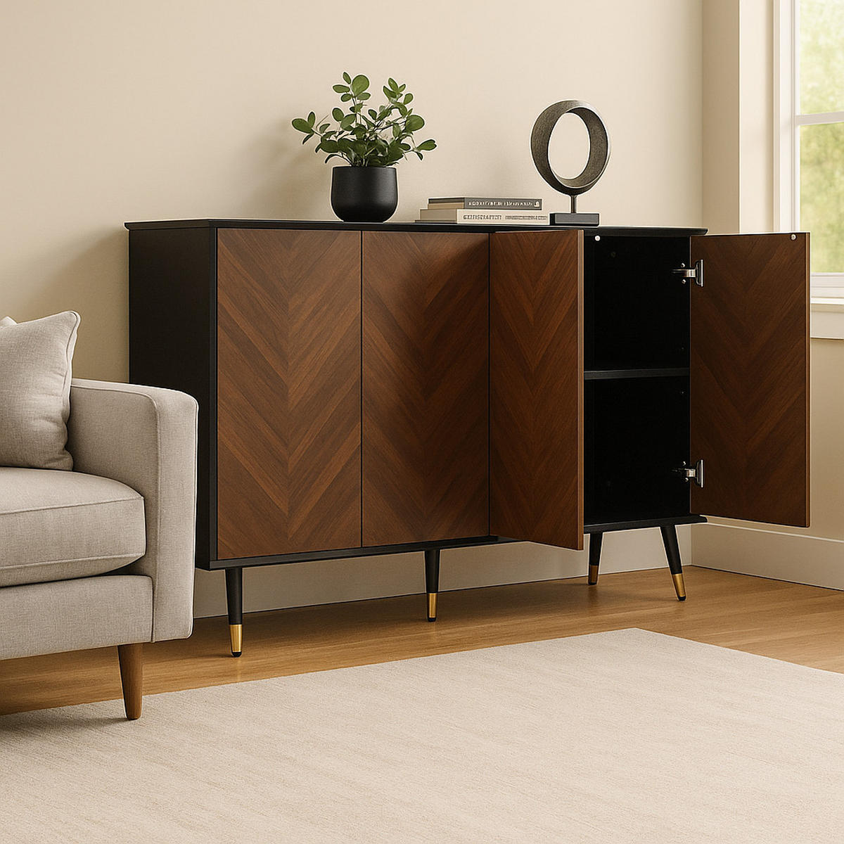 SIDEBOARD mit 3 Türen Walnussoptik und Goldene Akzente - Walnussfarben, Holzwerkstoff/Metall (140/80/40cm) - Urban Meuble