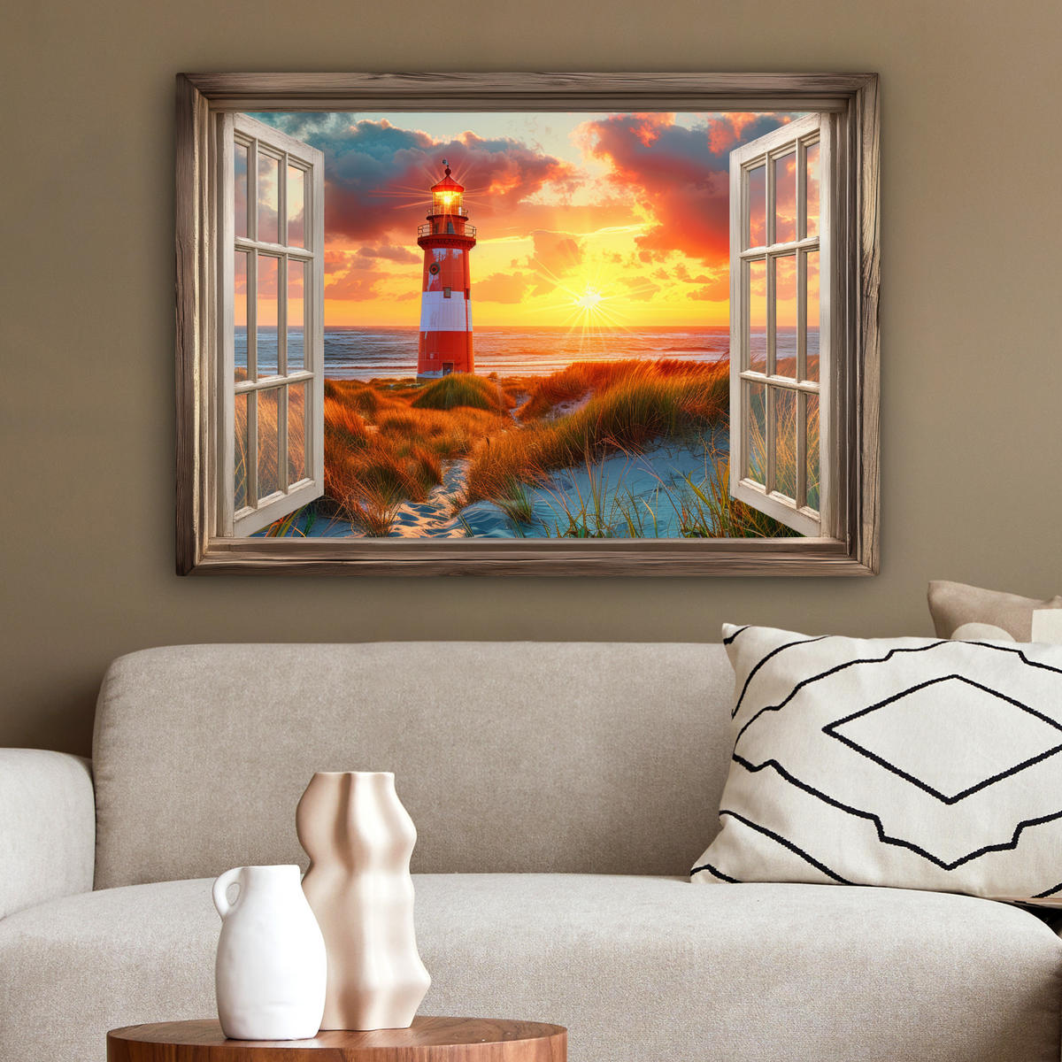 LEINWANDBILD Aussicht - Fenster - Leuchtturm - Sonnenuntergang - Strand Wandbilder 80x60 cm - Dunkelorange, Textil (80/60cm) - MuchoWow