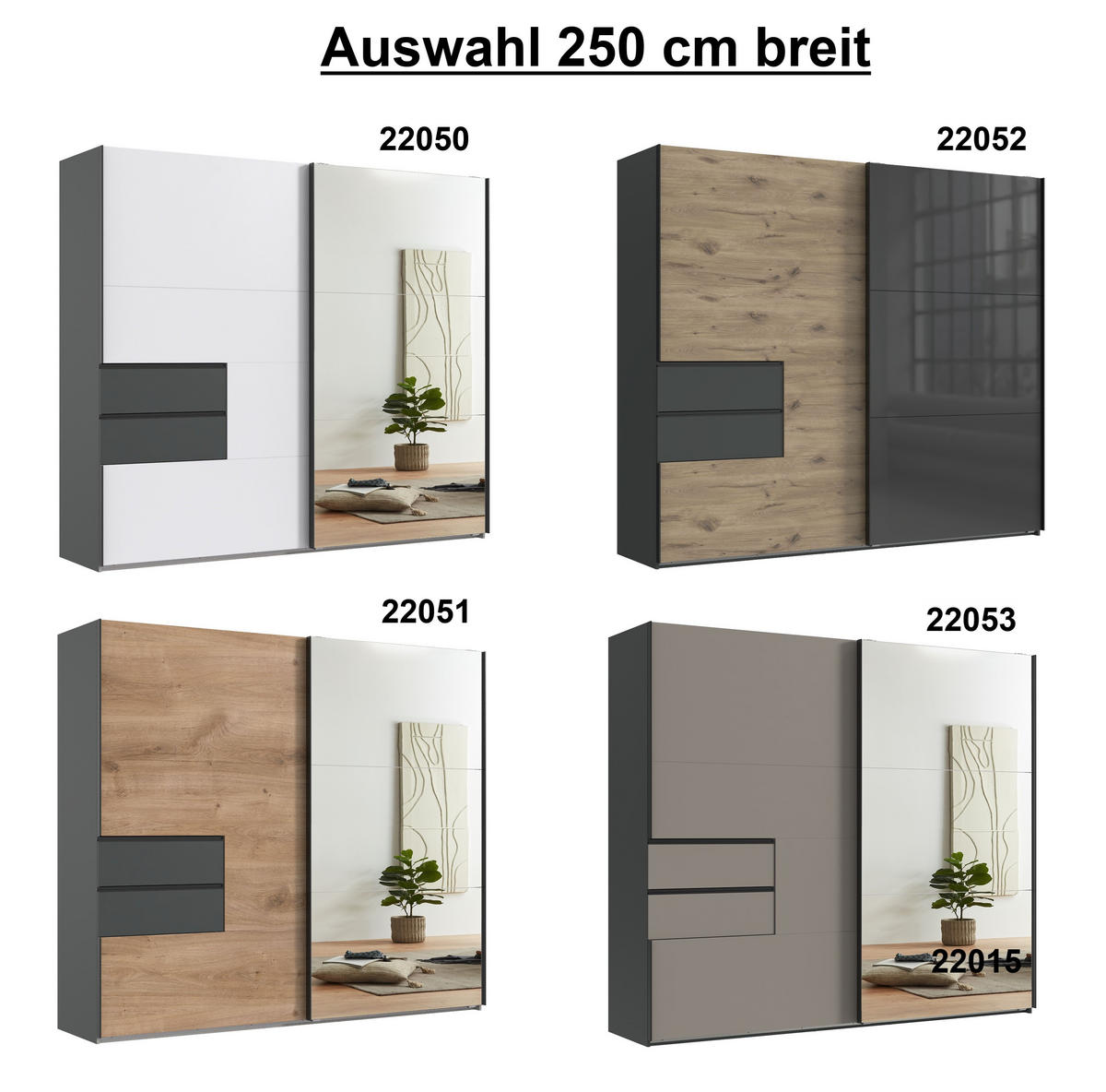 SCHWEBETÜRENSCHRANK B250/H216/T65 cm, Korpus+Schubladen Grafit, Türen eichefarben / Spiegel, inkl. Vollausstattung / 22051 - Eichefarben/Schwarz, Holzwerkstoff/Metall (250/216/65cm) - luma-home