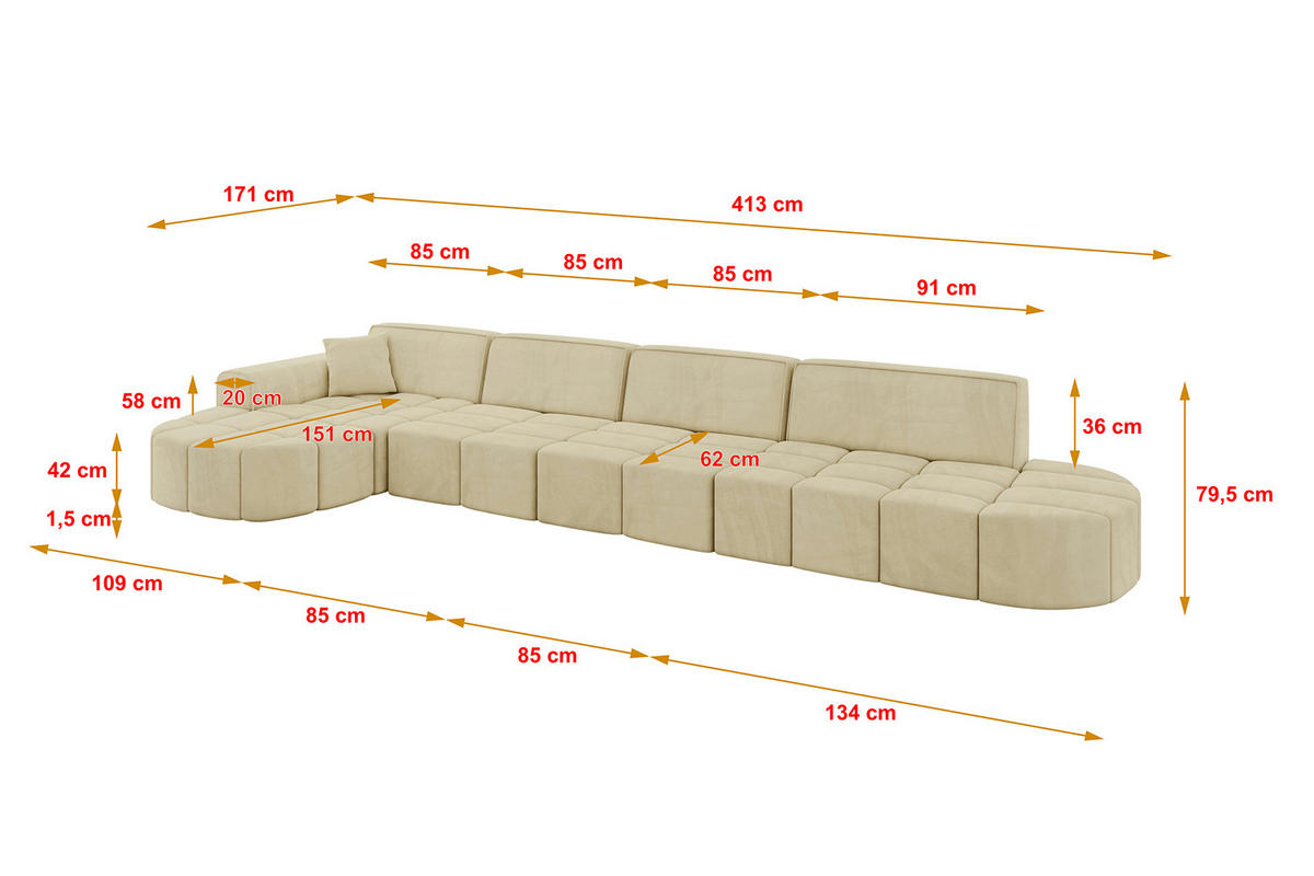 ECKSOFA Ottomane Links LIVO-L3 - 413x171x79,5 cm Beige - Beige, Holzwerkstoff/Textil (413/79.5/171cm) - ALTDECOR