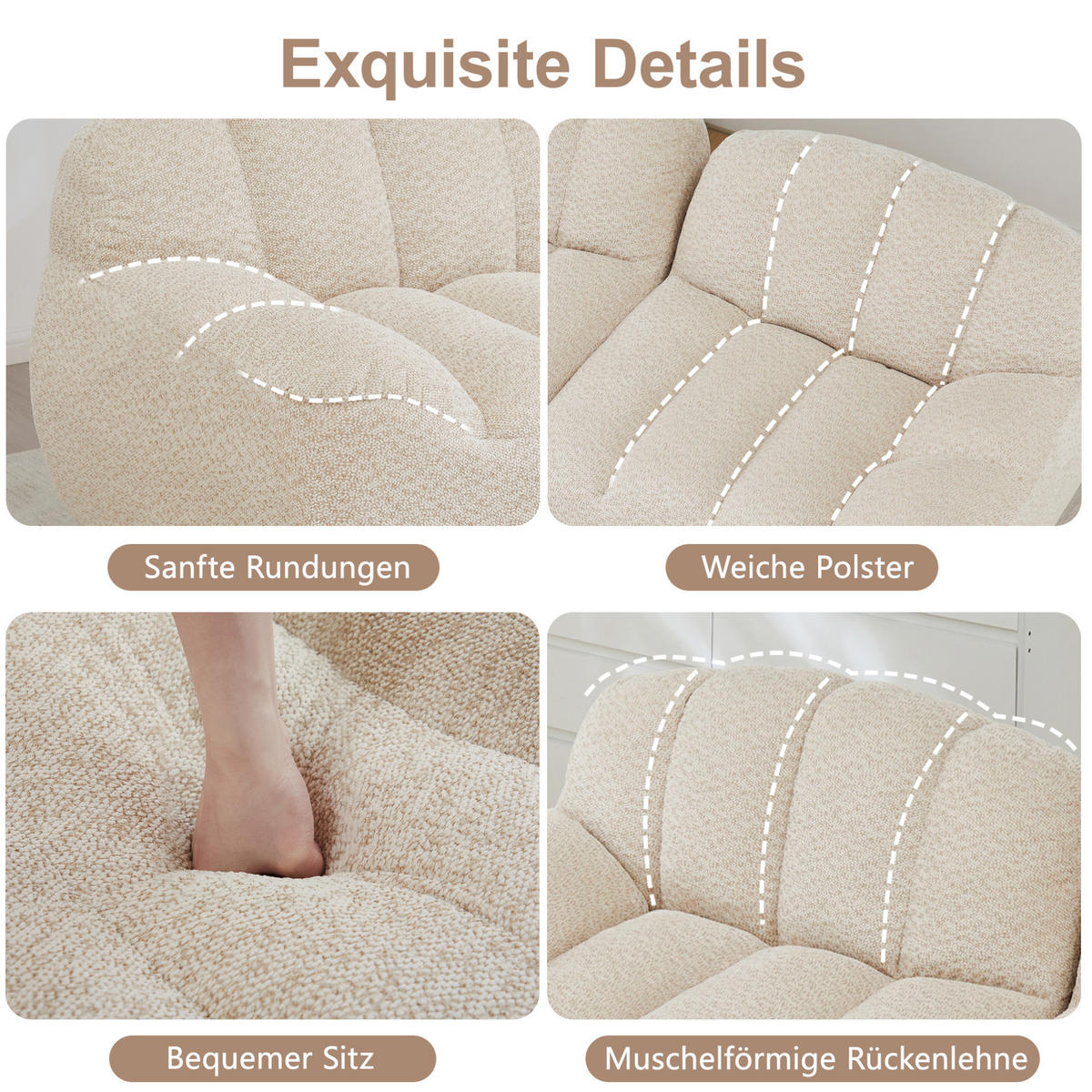 SOFA 210/104/79 cm in Beige Weiß aus Granulierter Fleece - Beige, Textil (104/79/210cm) - Flora Grace