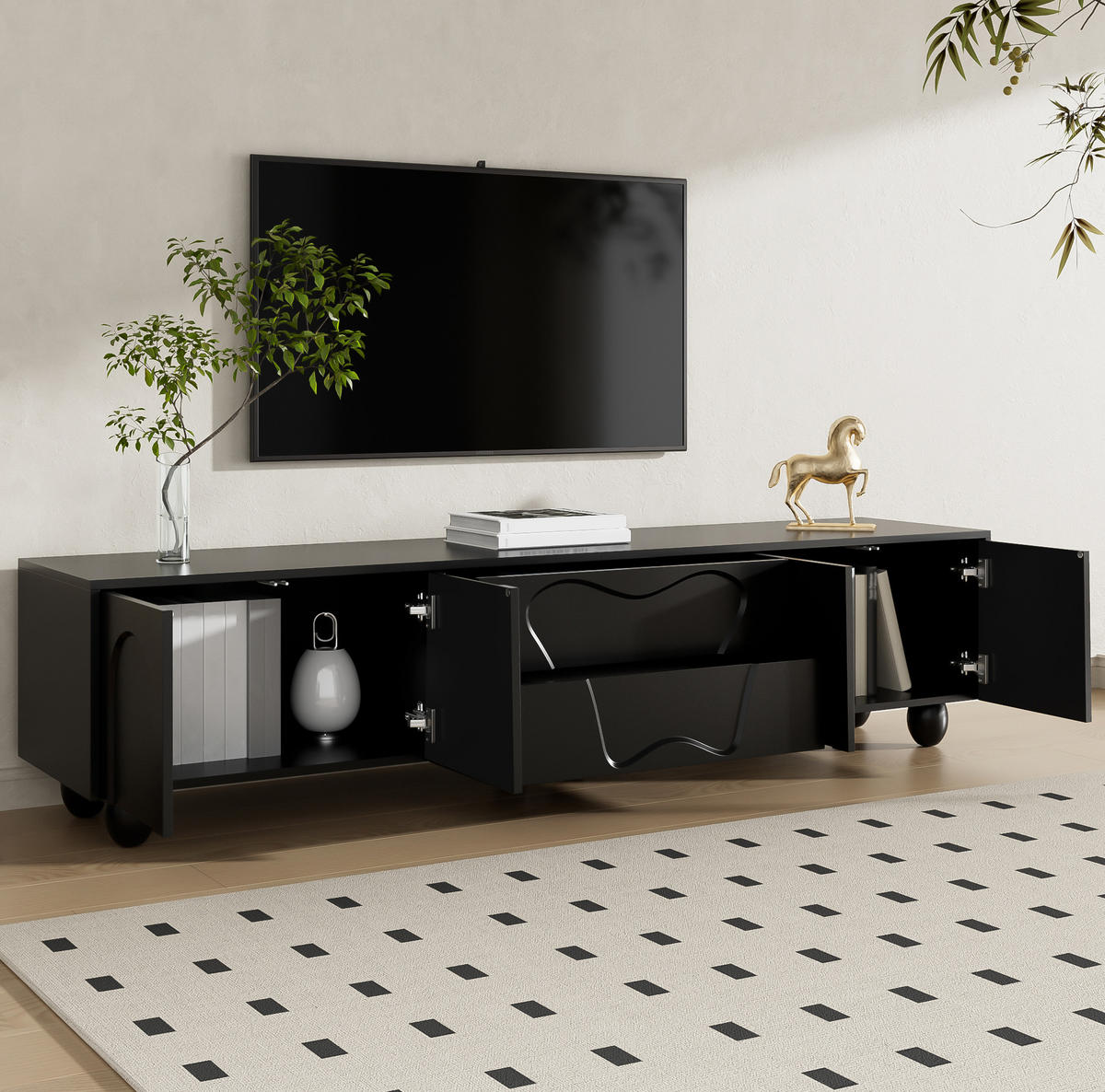 TV-ELEMENT mit Stauraum 180 cm Schwarz mit Holzbeinen - Schwarz, Holzwerkstoff (40/42/180cm) - Beauniv