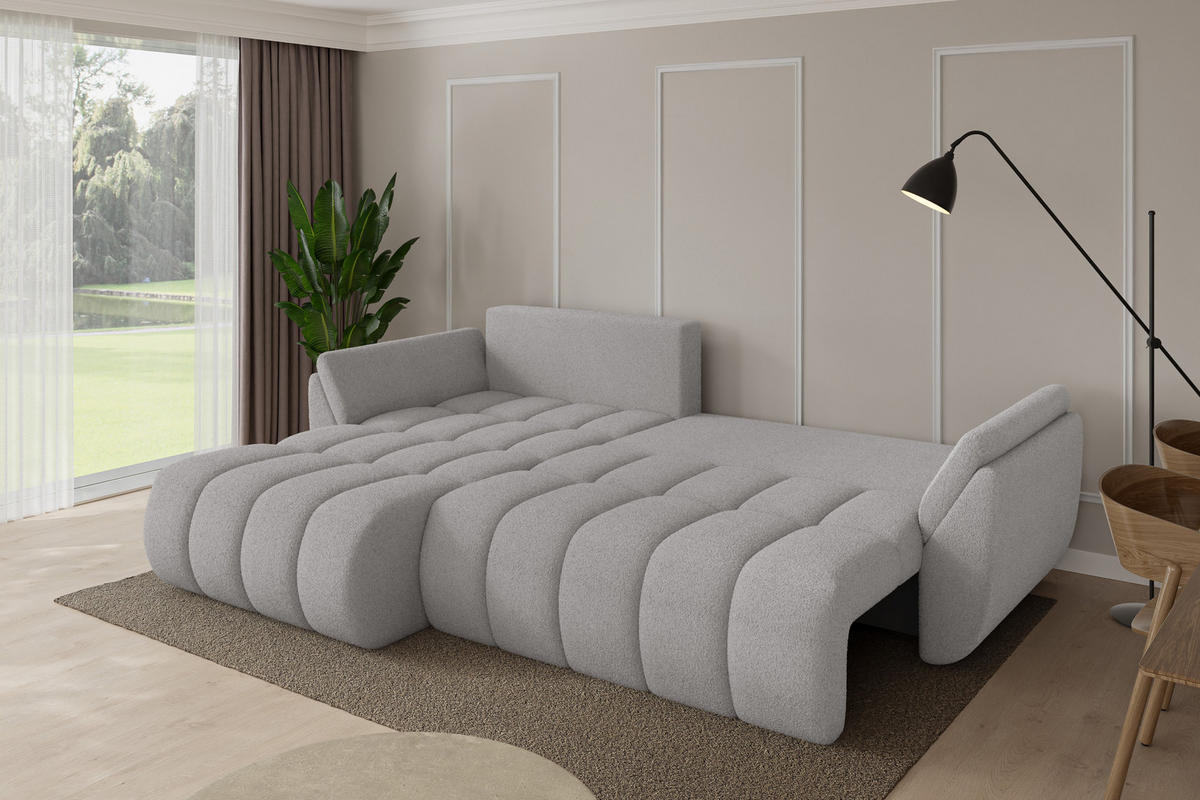 ROHOVÁ SEDAČKA s funkcí spaní, otoman vlevo TOKO-L-v1 277x194x86 světle šedá bouclé - černá/stříbrná, kompozitní dřevo/textil (277/194cm) - ALTDECOR
