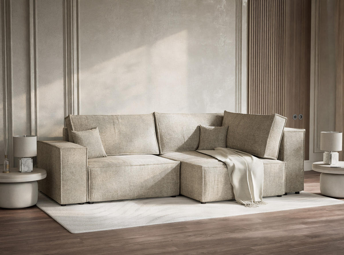 ECKSOFA MIT SCHLAFFUNKTION Tonga Beige Chenille-Stoff - Beige/Schwarz, Holz/Holzwerkstoff (253/105cm) - Maison de Reve