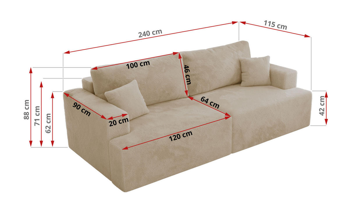 4-SITZER SOFA VIRELLA Creme Plüsch - Creme/Schwarz, Textil (240/88/115cm) - MKS