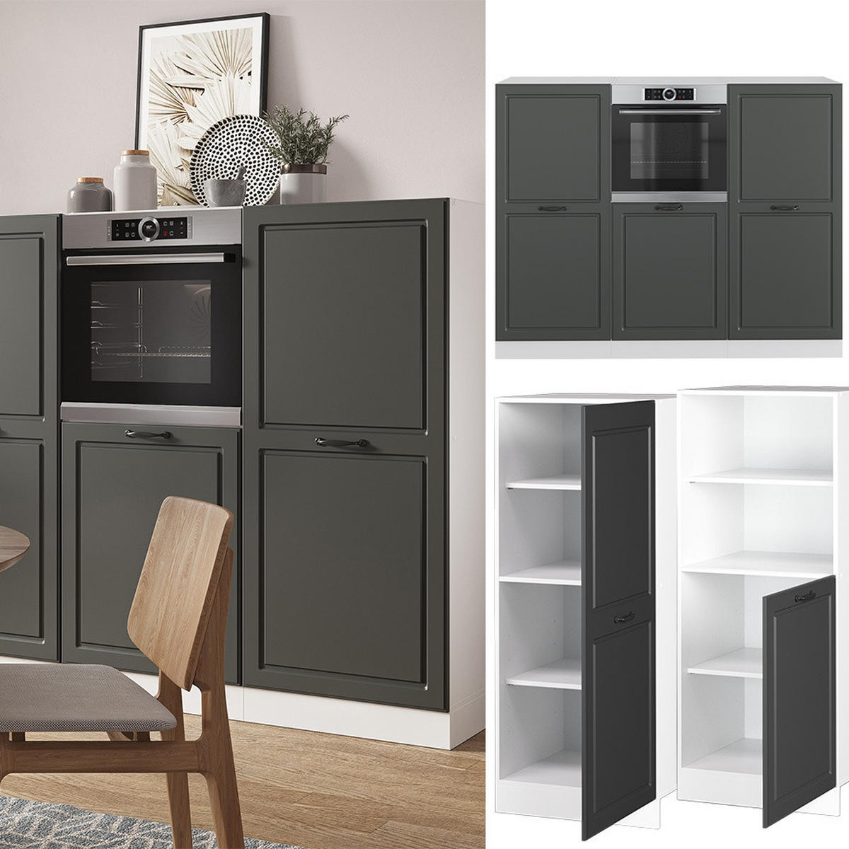 KÜCHENBLOCK R-Line Anthrazit Landhaus/Weiß 180 cm ohne Arbeitsplatte - Anthrazit/Weiß, Holzwerkstoff (180/143/46cm) - Vicco
