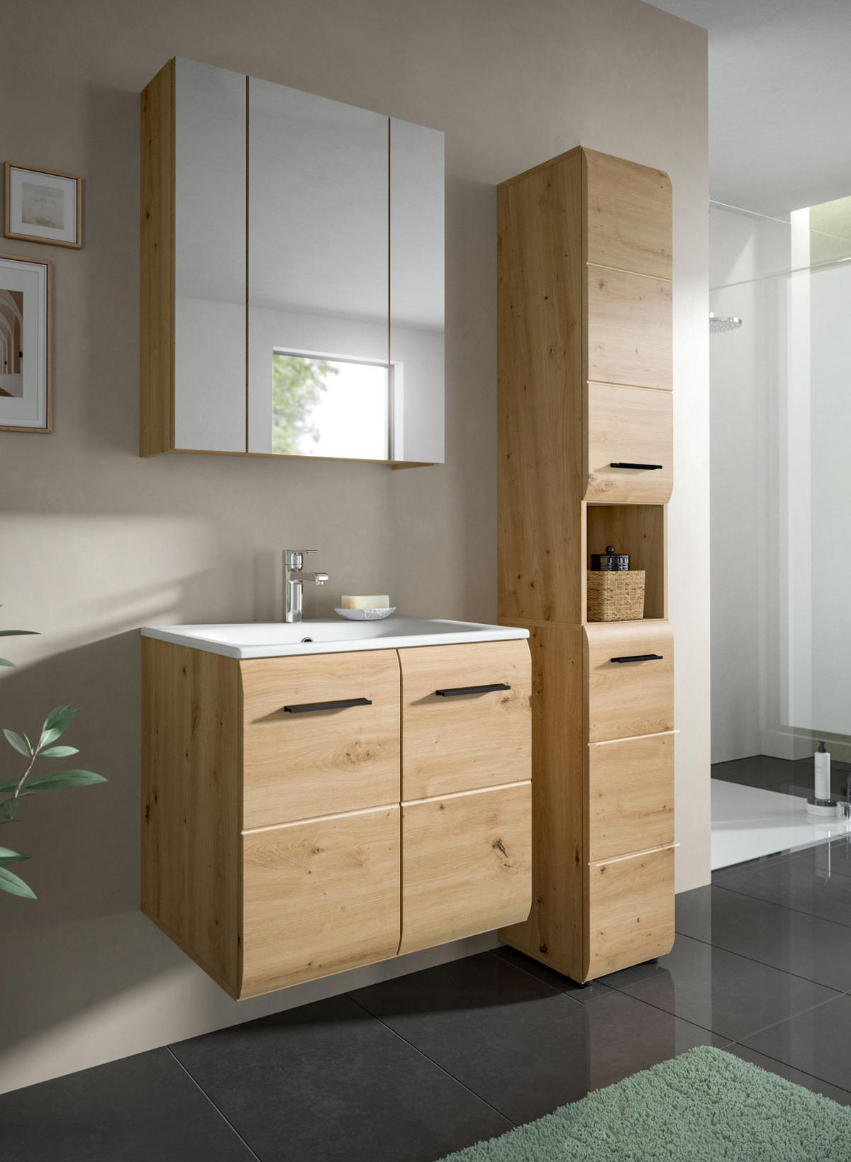 BADMÖBEL-SET 3-teilig Eiche Artisan, Badkombination 105 cm mit Waschbecken, Cover - Schwarz/Eiche Artisan, Glas/Keramik (105/185/46cm) - Inn.Furn