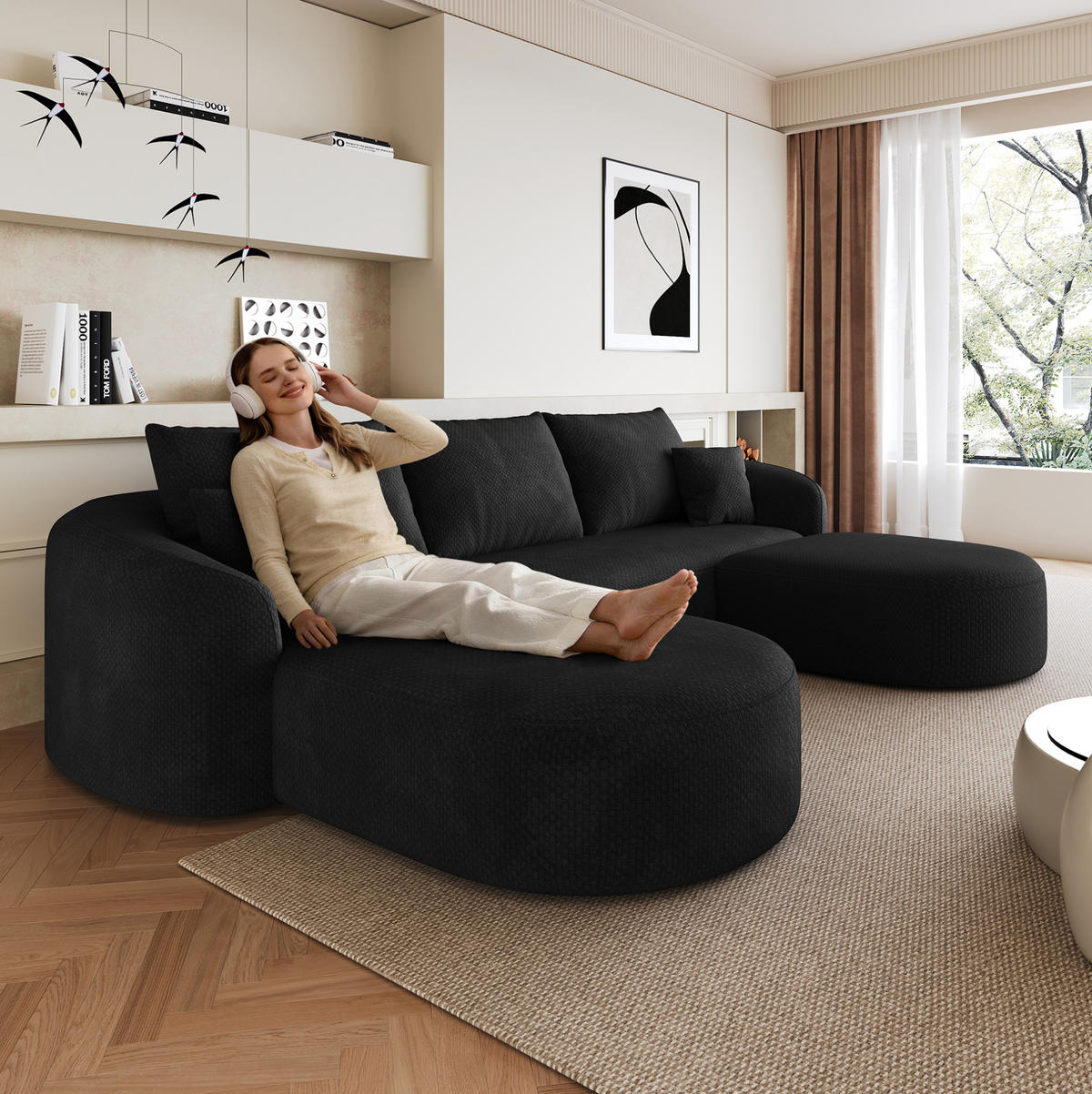 ECKSOFA 266/168/85 cm schwarz aus Stoff ohne Montage - Schwarz, Textil (168/266cm) - OKWISH