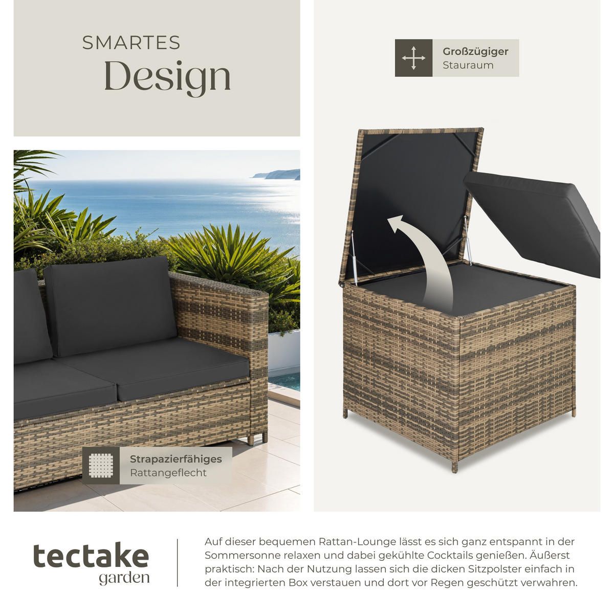 RATTANLOUNGE Siena,mit Sicherheitsglasplatte,natur/dunkelgrau - Naturfarben, Kunststoff - tectake
