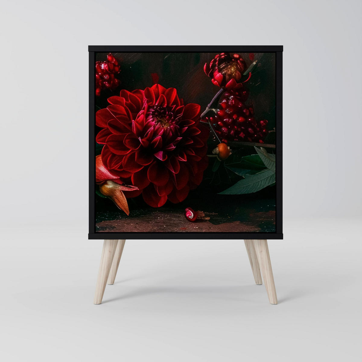 SIDEBOARD DAHLIAS AND POMEGRANATES, Schwarz, 57,5x42x67,5 cm, Schwarze Metall-Rahmenfüße - Multicolor/Schwarz, Holzwerkstoff/Metall (57.5/67.5/42cm) - SpaceRebels