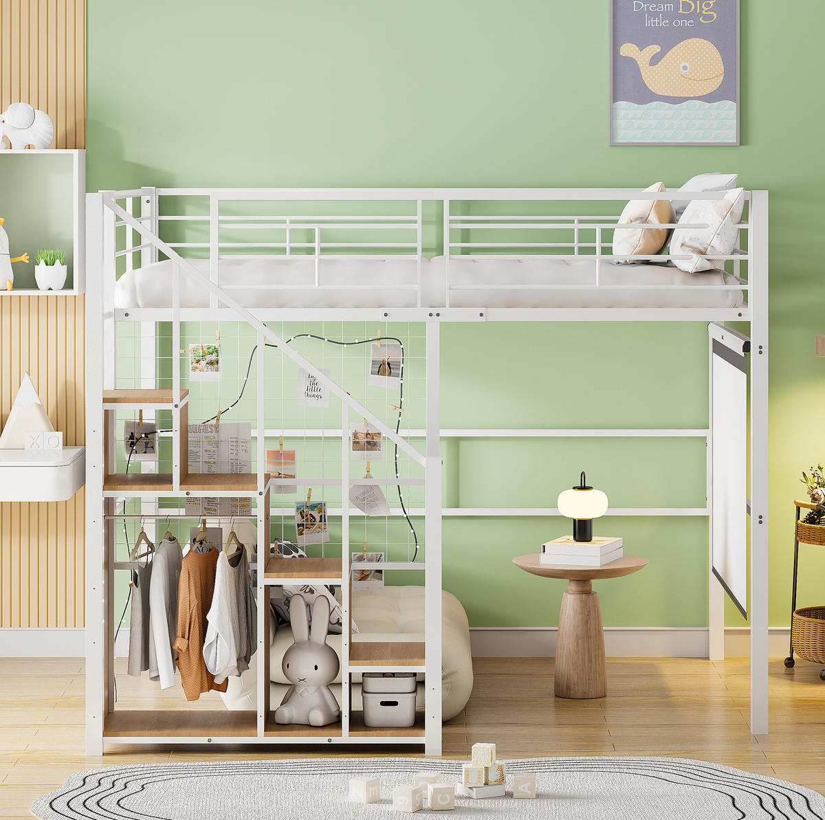 HOCHBETT 140/200 cm in Weiß – mit Stauraum, Treppe und Rausfallschutz - Weiß, Metall (140/200cm) - BEAOK