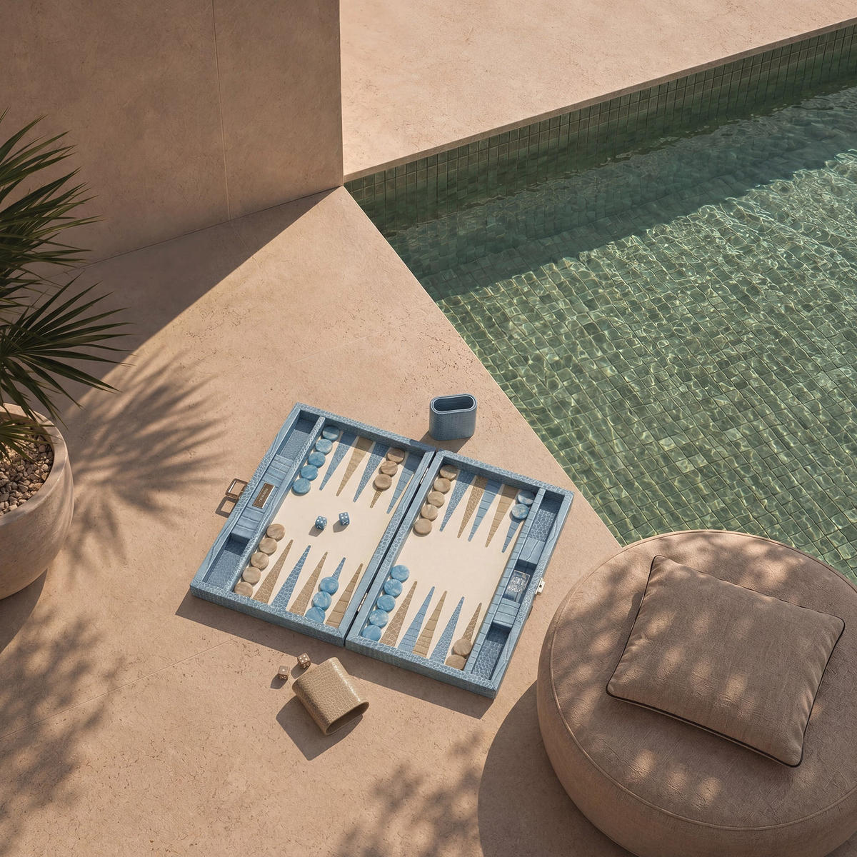 BACKGAMMON – Mittel BACKGAMMON Leder Riviera-Blau 38cm - Blau, Leder (38/24cm) - Premium Interiors