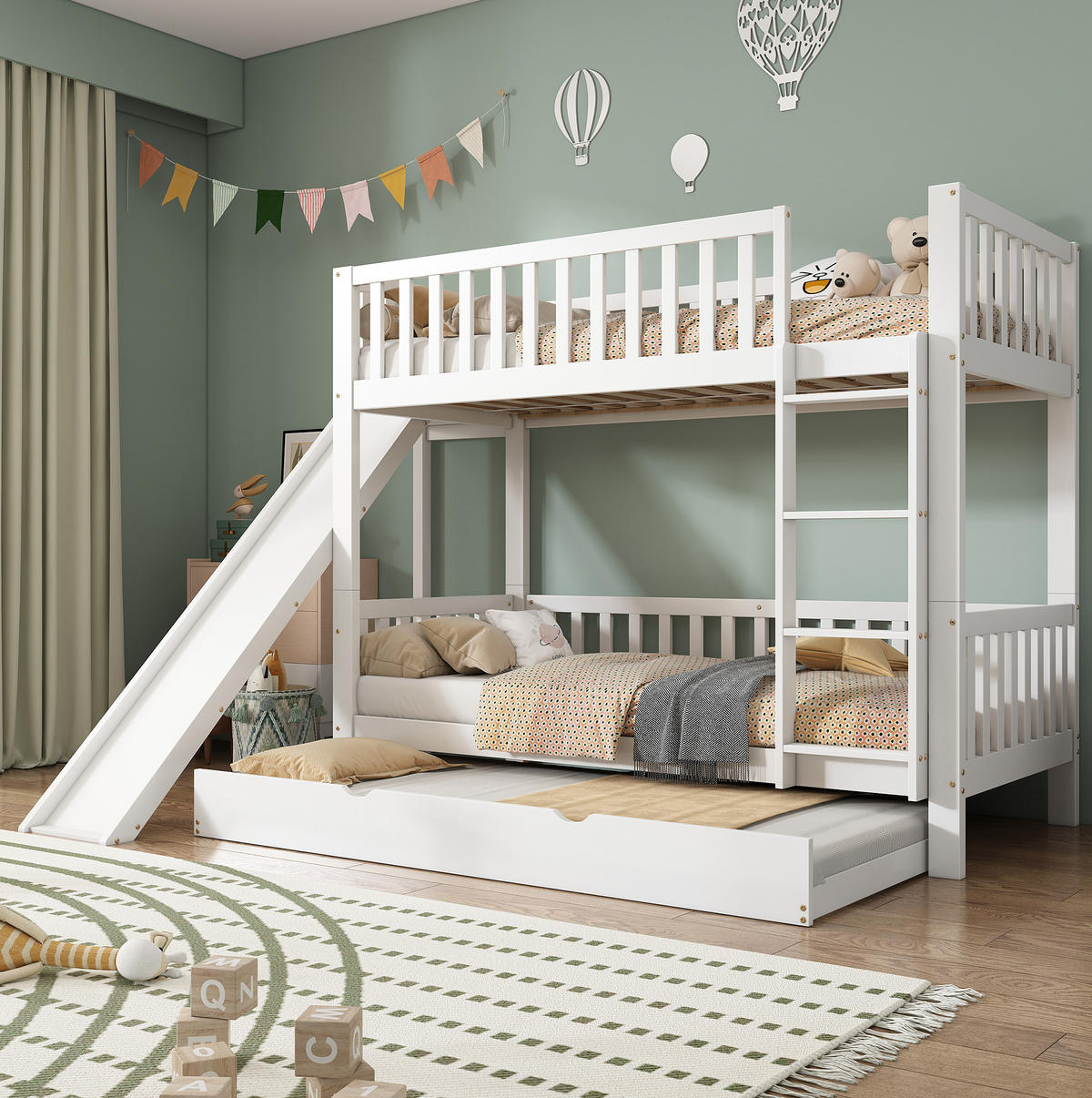 ETAGENBETT 90/200 cm mit Rollbett 90/190 cm, Rutsche und Regalen, Weiß - Weiß, Holzwerkstoff (90/200cm) - BEAOK