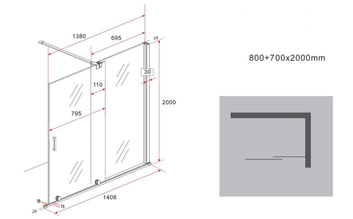 SCHIEBETÜR-DUSCHWAND TRAVERSO Klar 140 x 200 cm 8 mm ESG - Klar, Glas (140/200cm) - Glasdeals
