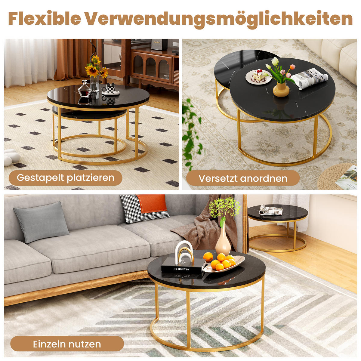 COUCHTISCH-SET mit Marmoreffekt und Metallrahmen Basis, Stapelbarer Beistelltisch Set 80/80/45 cm + 60/60/33,5 cm, Schwarz und Gold - Schwarz, Holzwerkstoff (80/80/45cm) - Redom