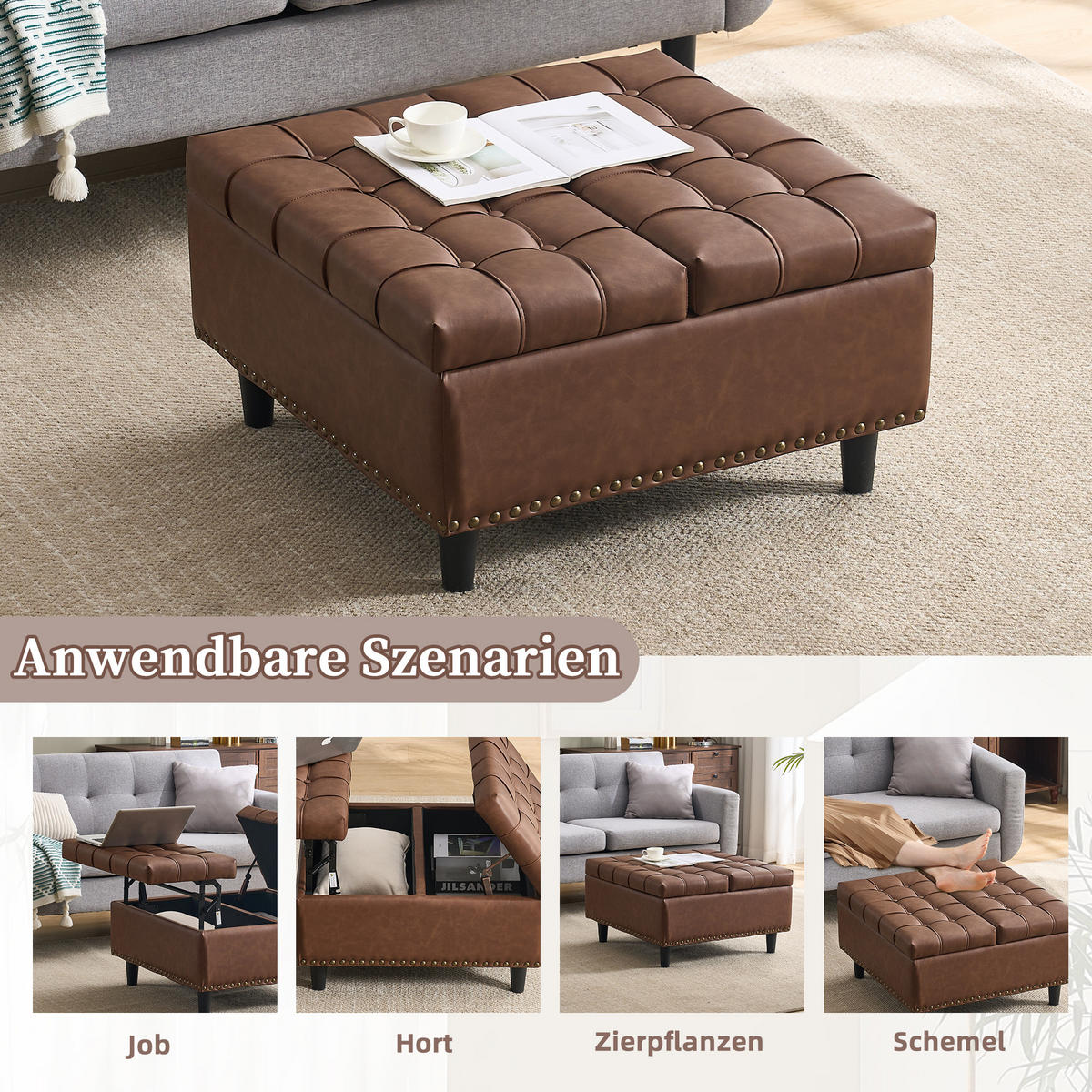 OTTOMANE braun PU 75cm mit stauraum - Braun, Leder (75/41/75cm) - Urban Meuble