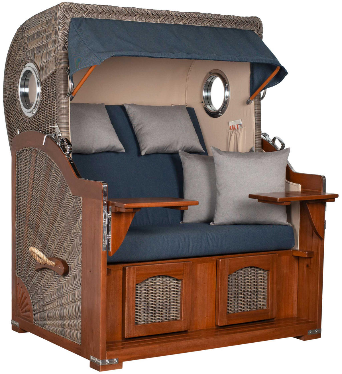 STRANDKORB 2-Sitzer Düne Mahagoni 593 - Blau/Hellgrau, Holz (125/170/80cm) - Mr. Deko