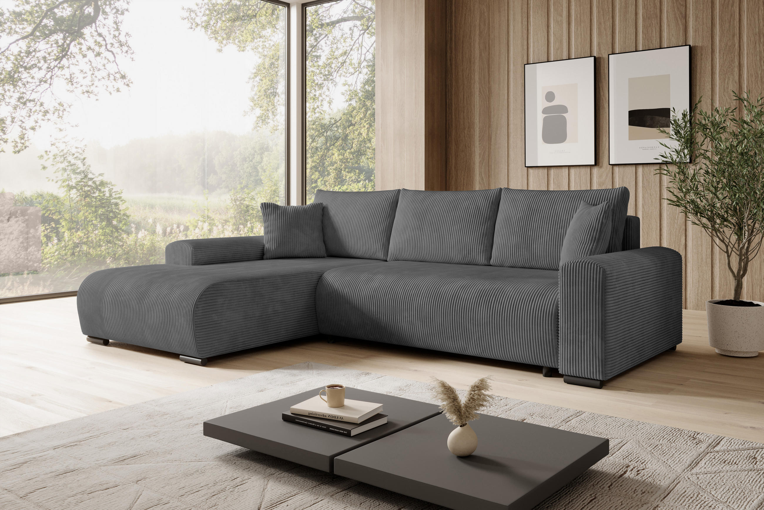 ECKSOFA Nelly mit Bettkasten und Schlaffunktion, Cordstoff in L-Form - Dunkelgrau, Textil (270/185cm)