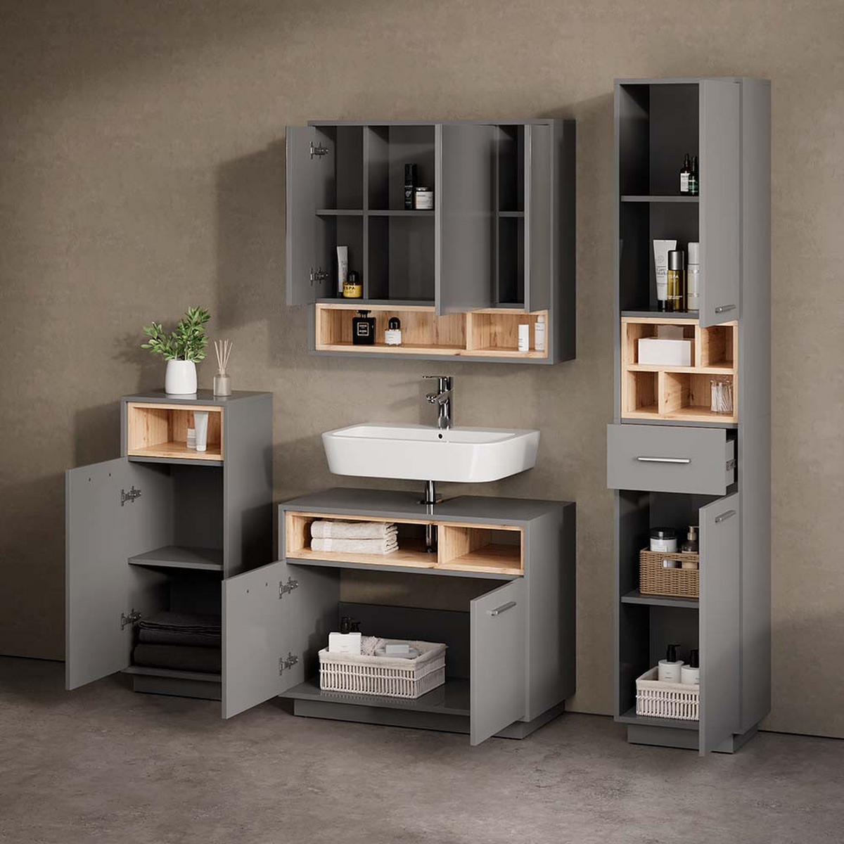 BADMÖBEL-SET Temo Anthrazit 4 Teile - Anthrazit/Sonoma Eiche, Holzwerkstoff (80/93/40cm) - Livinity®