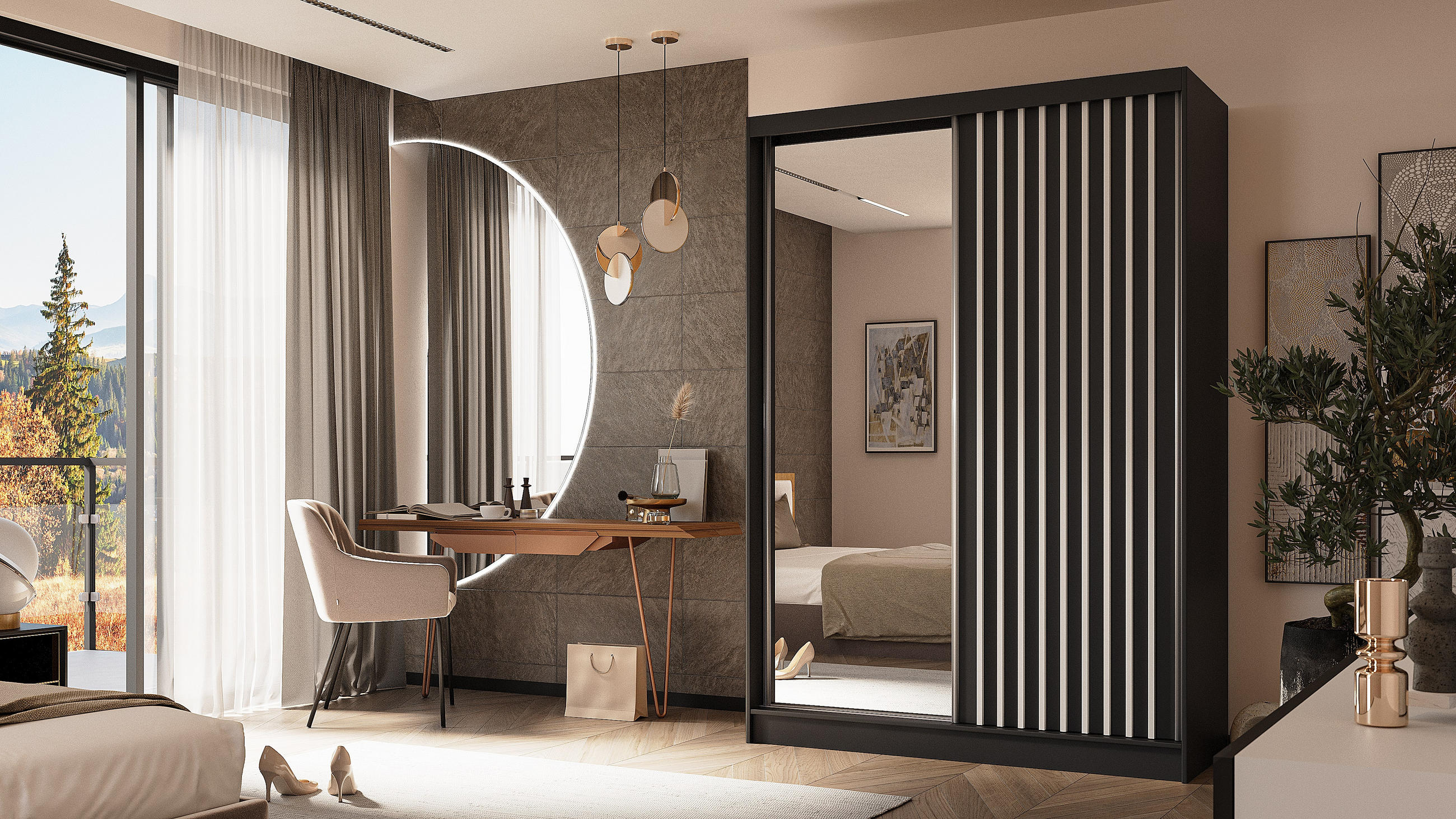 KLEIDERSCHRANK mit Spiegel-Schiebetüren und Aluminium-Leisten - LAMELO - 150 cm Schwarz+Schwarz+Weiß - Schwarz/Weiß, Holzwerkstoff (150/216/61cm) - ALTDECOR