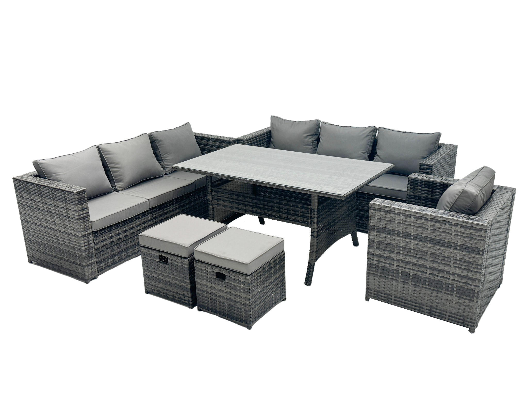 LOUNGEGARNITUR mit Hocker Polyrattan Dunkelgrau 9-Sitzer - Dunkelgrau/Grau, Glas/Kunststoff - Fimous