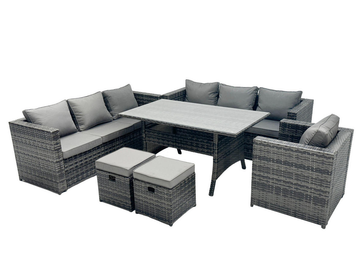 LOUNGEGARNITUR mit Hocker Polyrattan Dunkelgrau 9-Sitzer - Dunkelgrau/Grau, Glas/Kunststoff - Fimous
