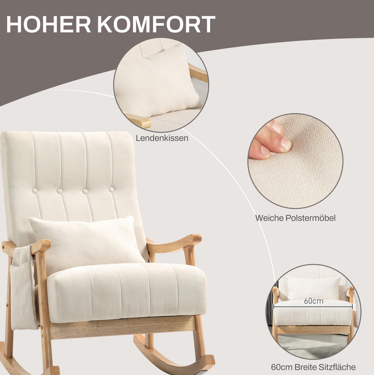 HOUPACÍ křeslo 65/90/98 cm s bederním polštářem, boční kapsou a polyesterovým potahem, Béžová - béžová, textil (65/98/90cm) - Redom