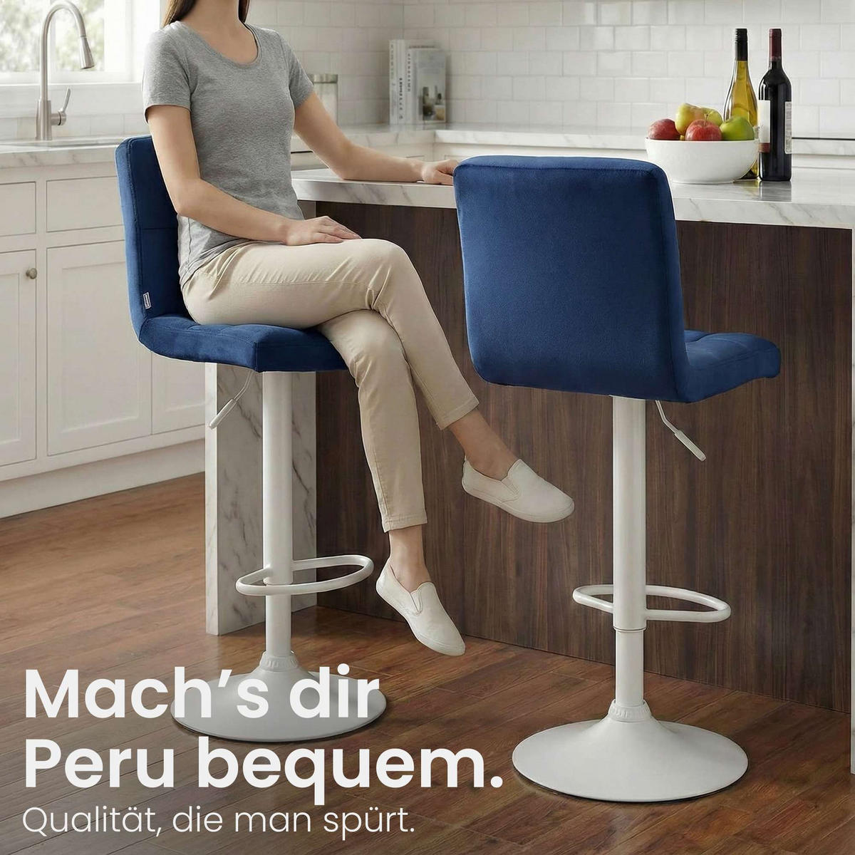 BARHOCKER Samt Blau - Blau/Weiß, Textil/Metall (46/94/47cm) - CLP