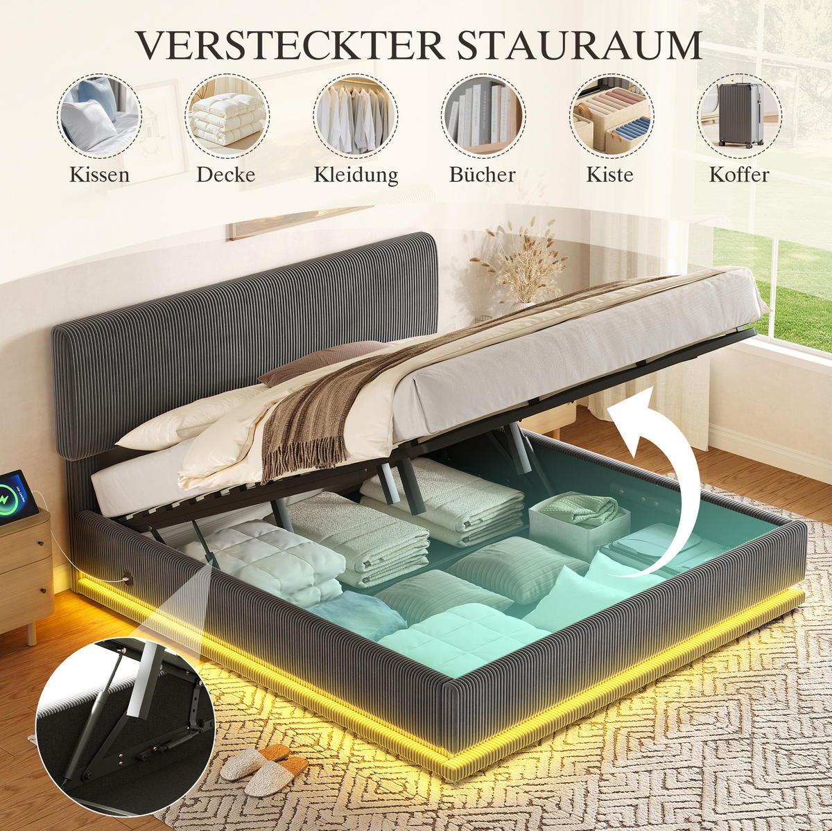 POLSTERBETT mit Stauraum, LED und USB-C 180x200 cm Cord Dark Gray - Dunkelgrau, Metall (180/200cm) - Meubliv
