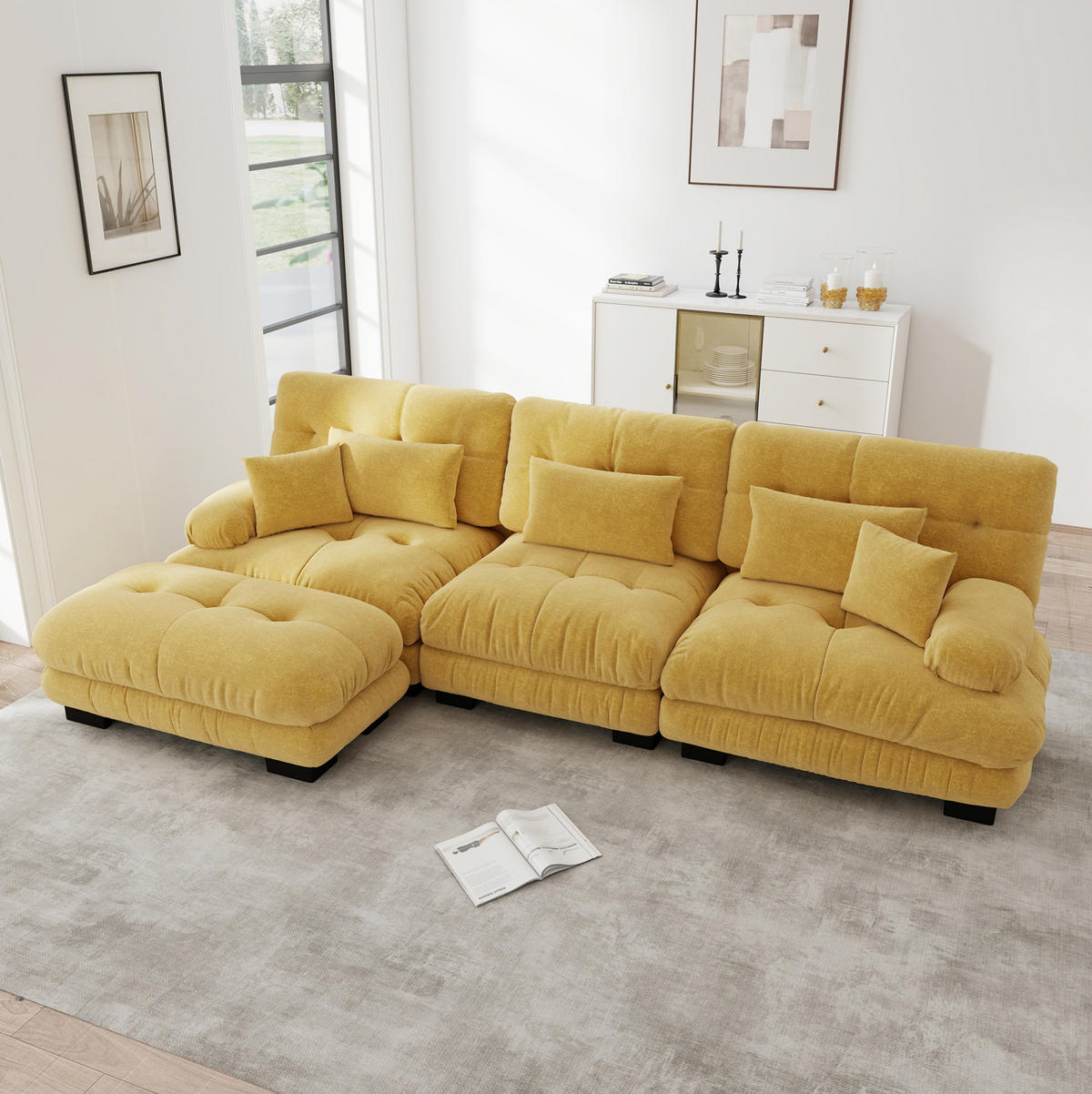 SOFA modular mit Ottoman Chenille Yellow 5-tlg. - Gelb, Kunststoff (145/313cm) - Meubliv