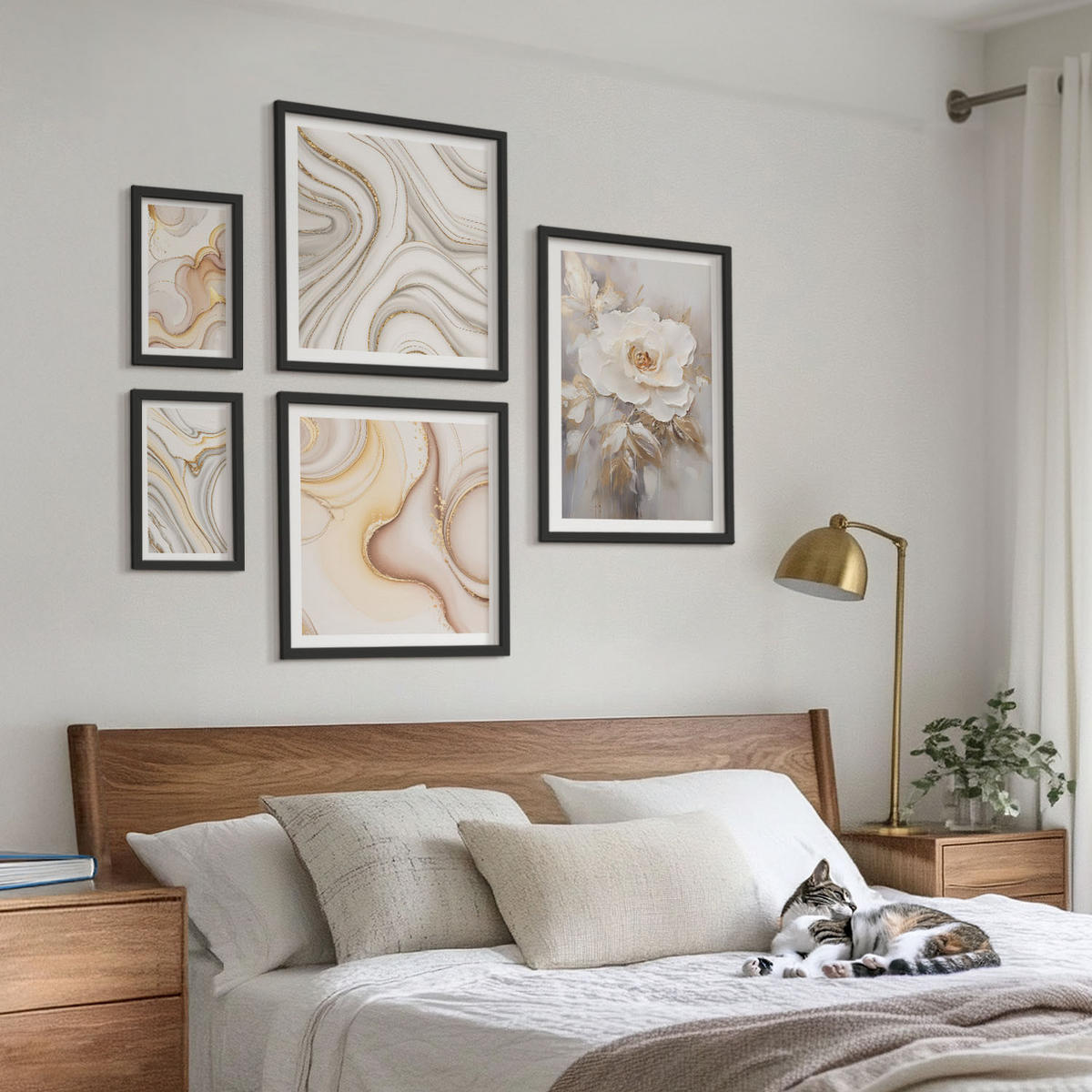 BILDER SET 5er Set - 50x50 cm & 20x30 cm & 40x60 cm Schwarzer Rahmen - Rose Eiffelturm Pferd Riesenrad S/W - Schwarz, Kunststoff (40/60cm) - TULUP